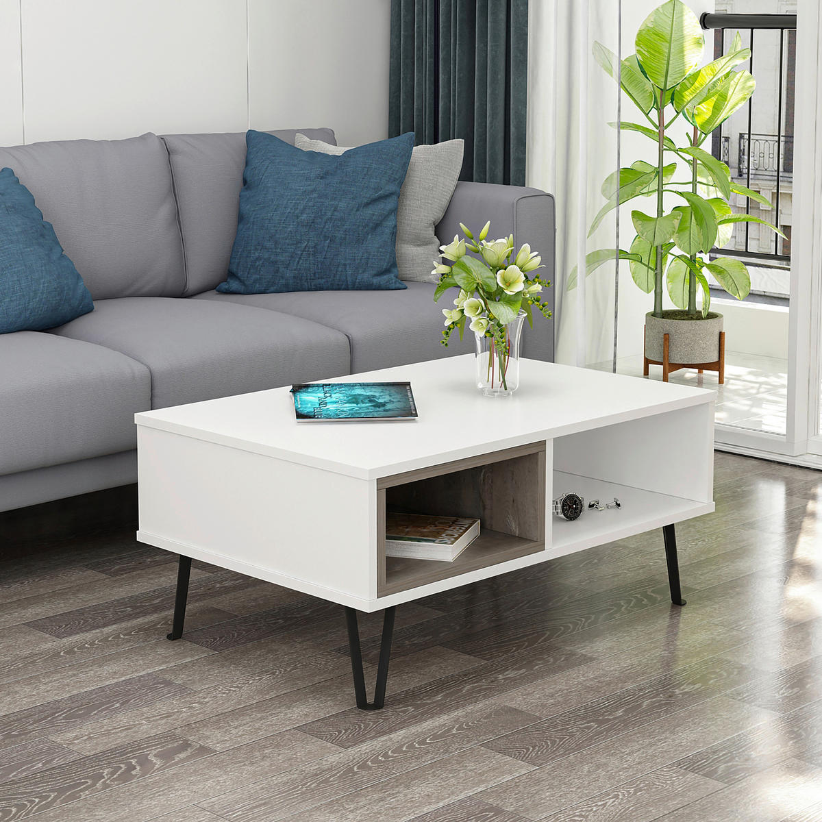 COUCHTISCH in Holzwerkstoff 90/60/41,1 cm  - Weiss/Schwarz, Design, Holzwerkstoff/Metall (90/60/41,1cm) - Livetastic