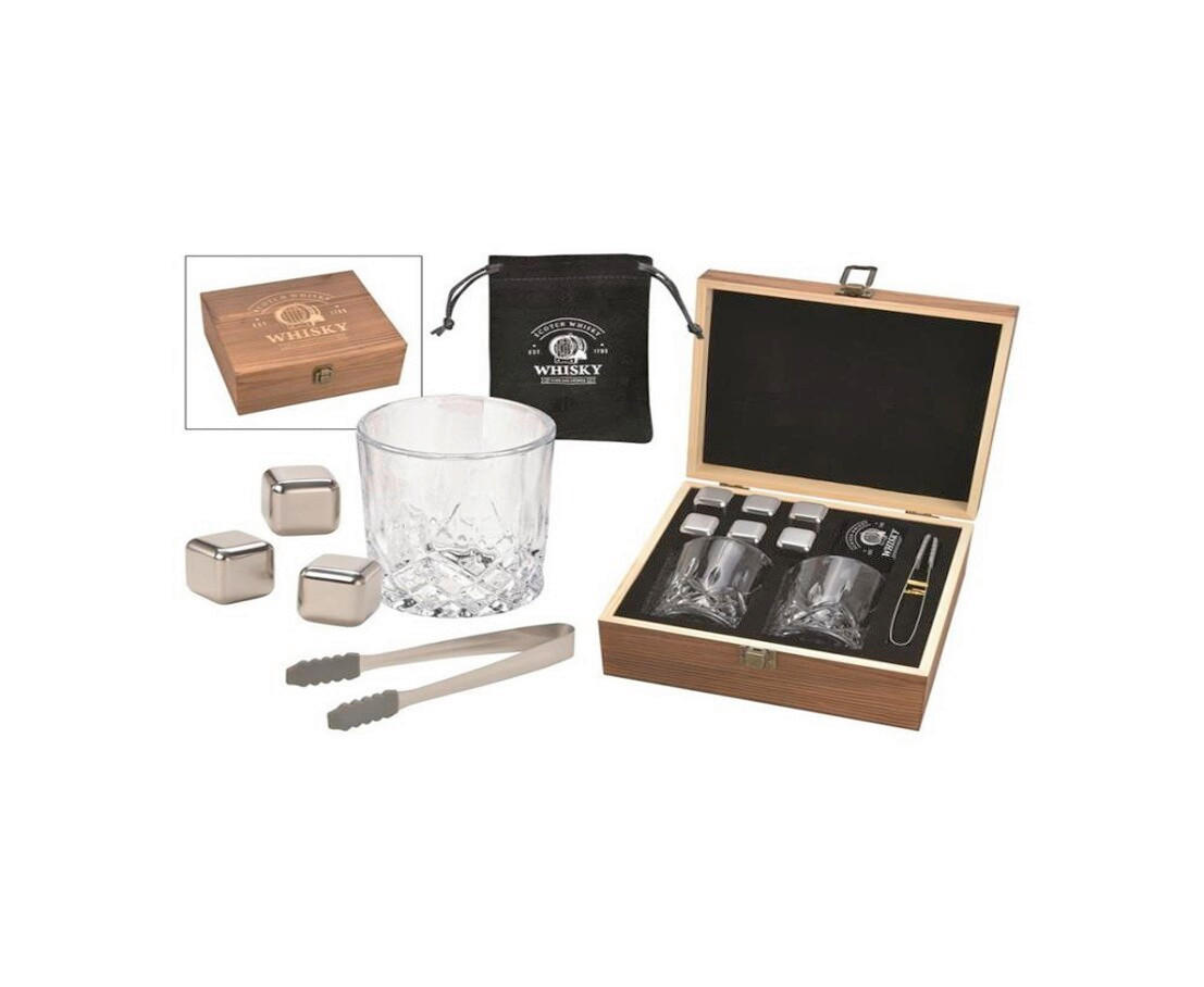 SET ČAŠA ZA VISKI  9 delova   - prozirna/boja nerđajućeg čelika, Osnovno, staklo/drvo (49/46/32cm)