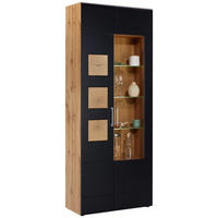 Vitrină, negru, culoare lemn stejar  - culoare crom/culoare lemn stejar, Konventionell, plastic/sticlă (80/208/37cm) - Hom`in