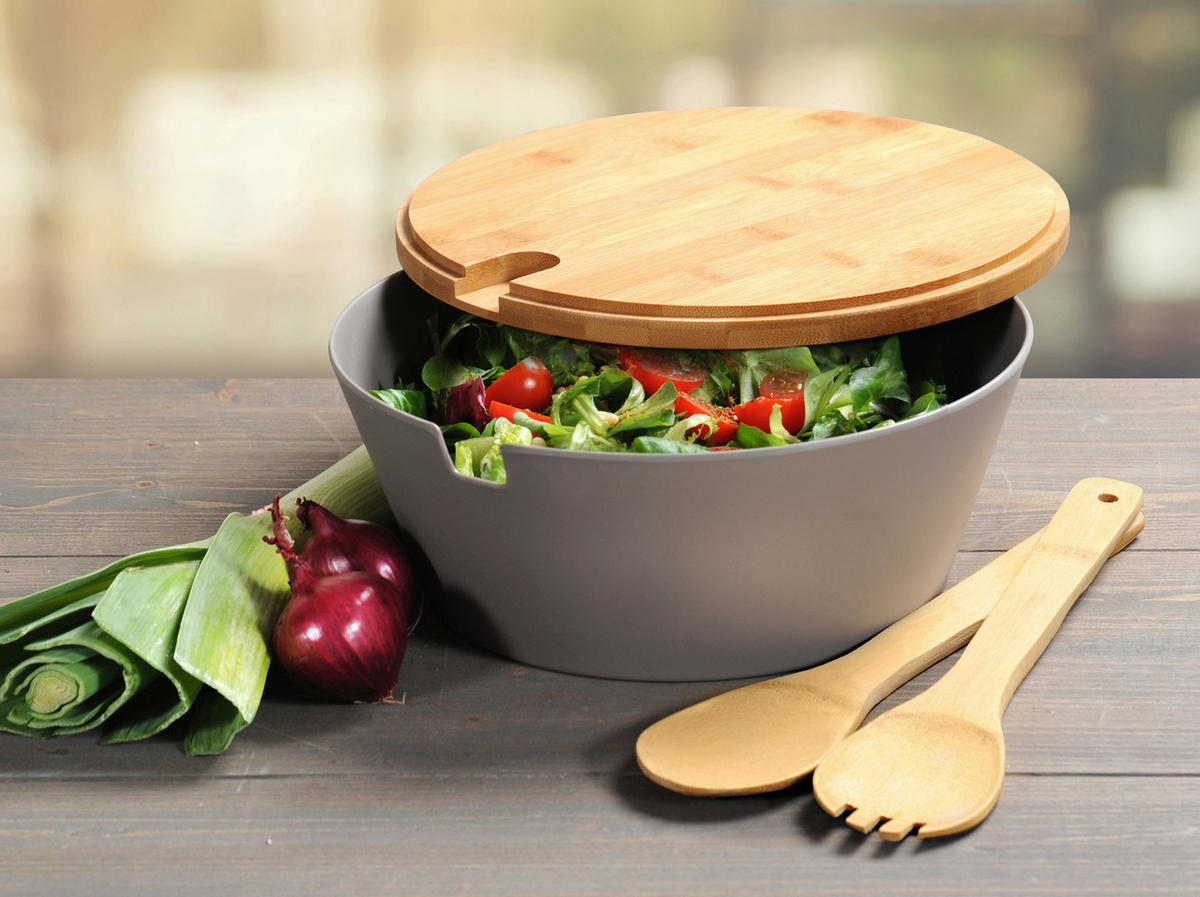 Castron Pentru Salată 26 cm  - gri, Design, plastic/lemn (26cm) - Homeware Profession.