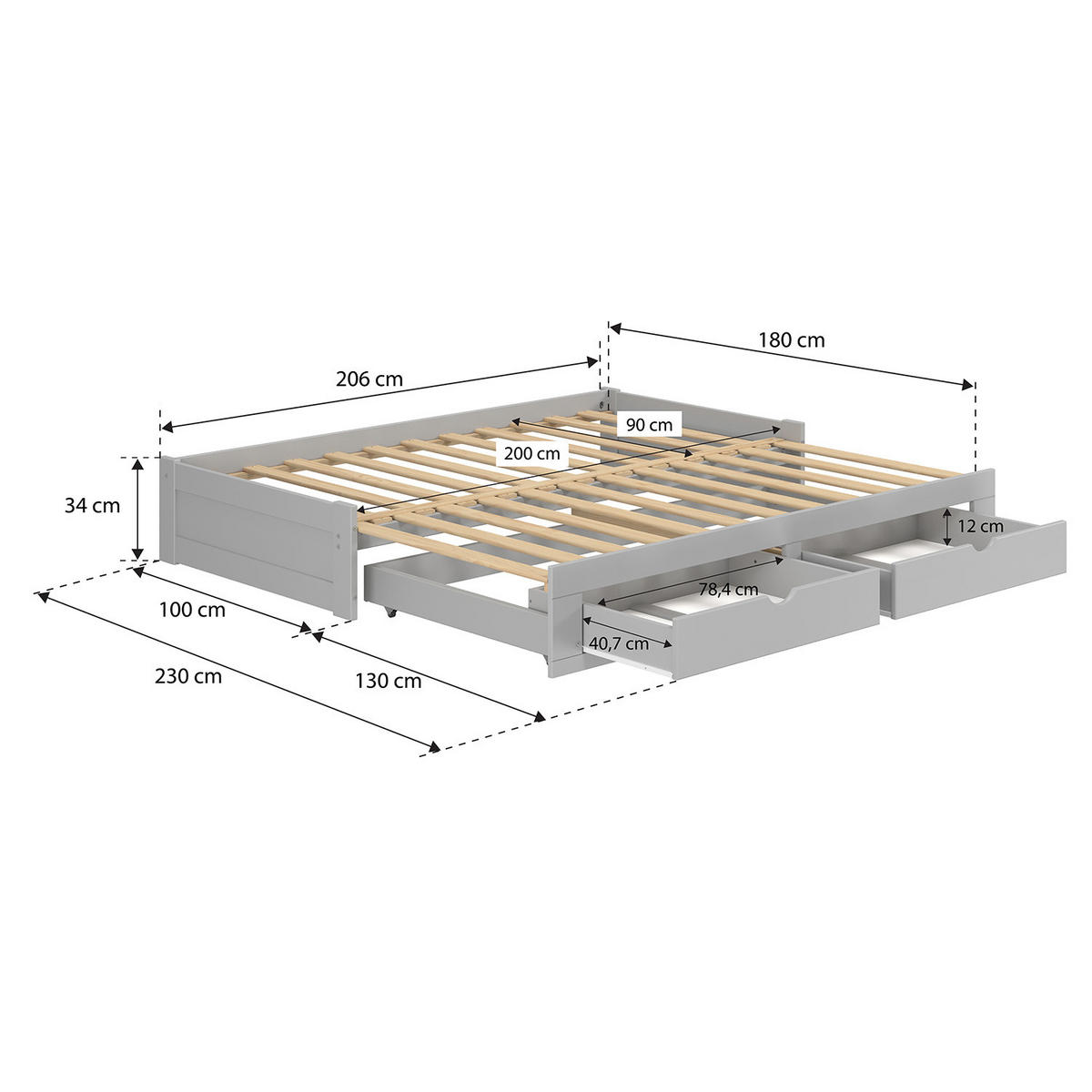 AUSZIEHBETT 200/100-230 cm Grau  - Naturfarben/Grau, Modern, Holz/Holzwerkstoff (200/100-230cm) - MID.YOU