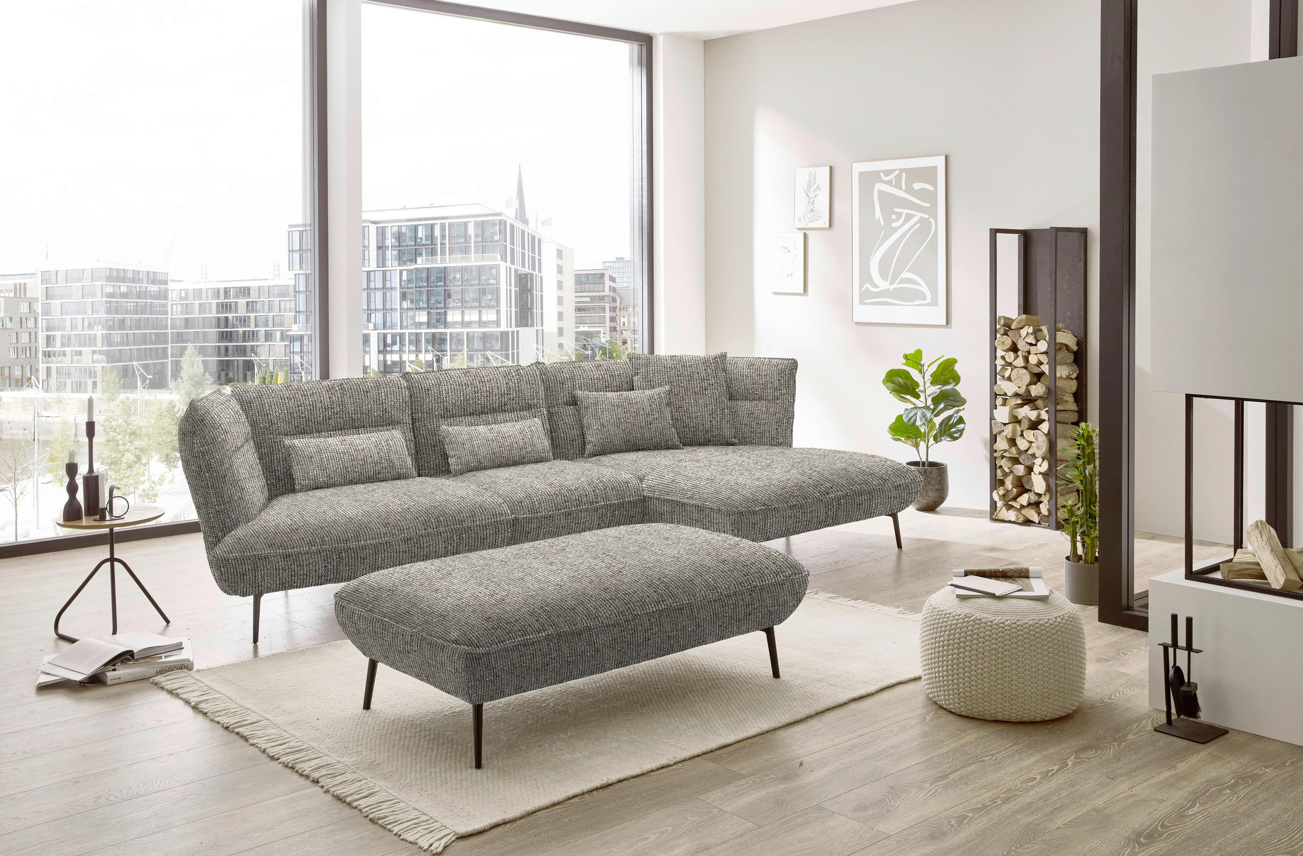 ECKSOFA in Flachgewebe Braun  - Schwarz/Braun, Design, Textil/Metall (339/153cm) - Moderano