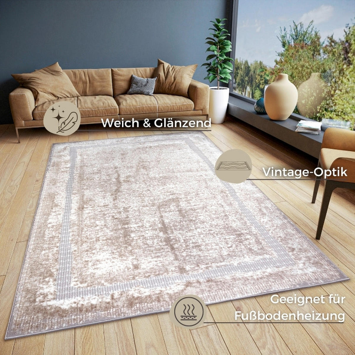 VINTAGE-TEPPICH 67/120 cm Shine Creme, Silberfarben  - Silberfarben/Creme, Design, Kunststoff (67/120cm)