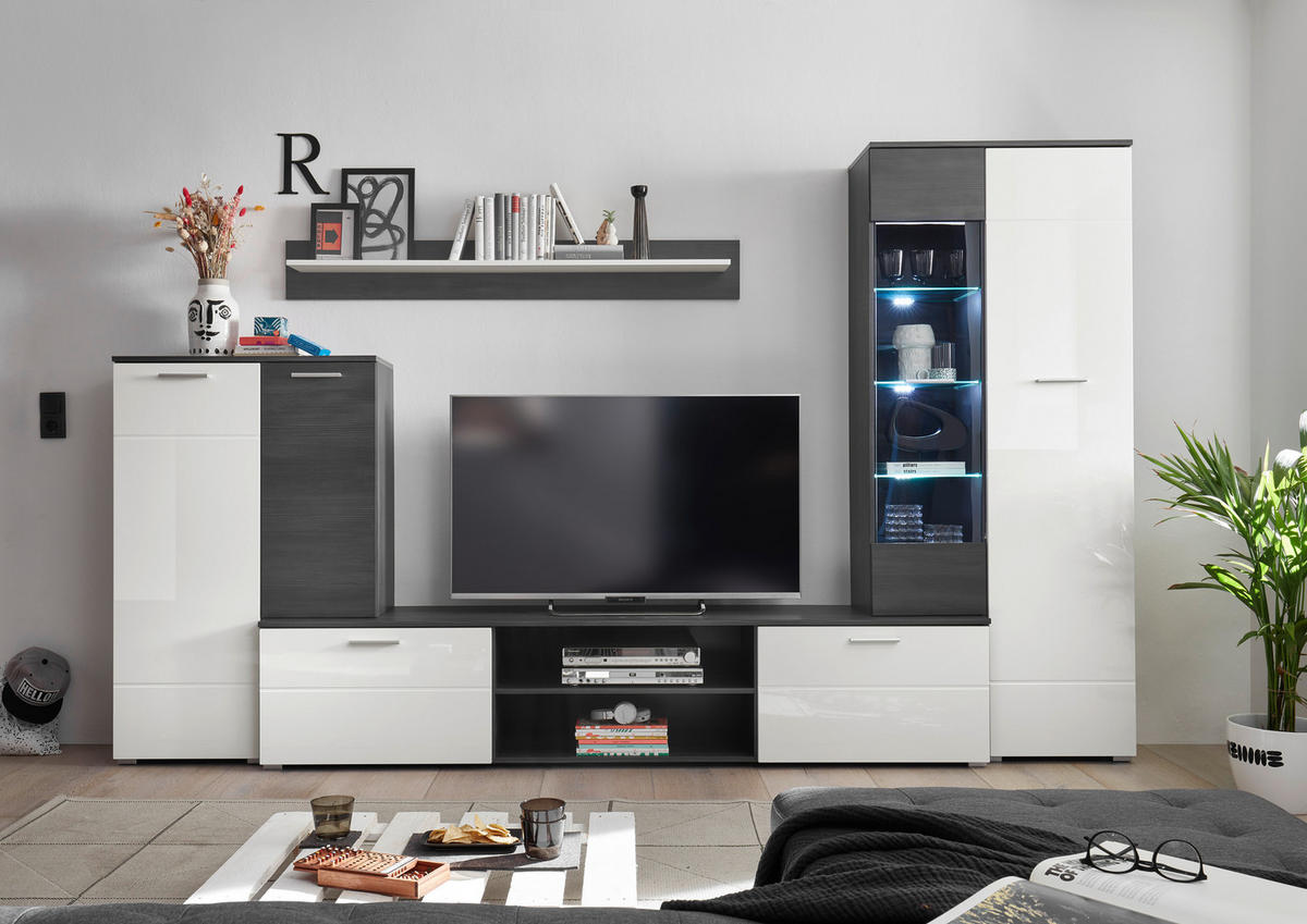 OBÝVACIA STENA, biela s vysokým leskom, antracitová - biela s vysokým leskom/antracitová, Konventionell, kompozitné drevo/plast (312/190cm) - MID.YOU