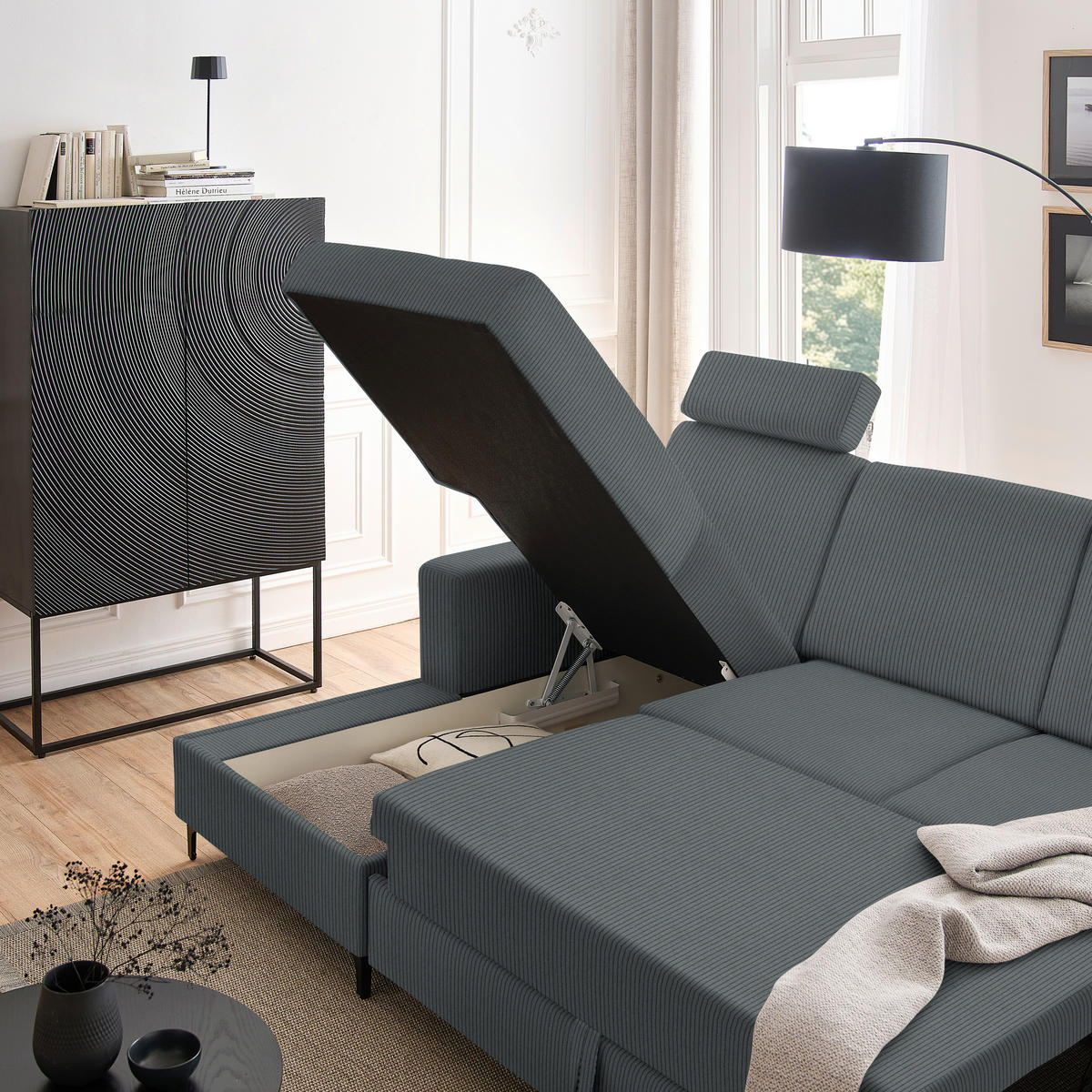ECKSOFA in Cord Grau  - Schwarz/Grau, Konventionell, Textil/Metall (167/247cm) - Stylife