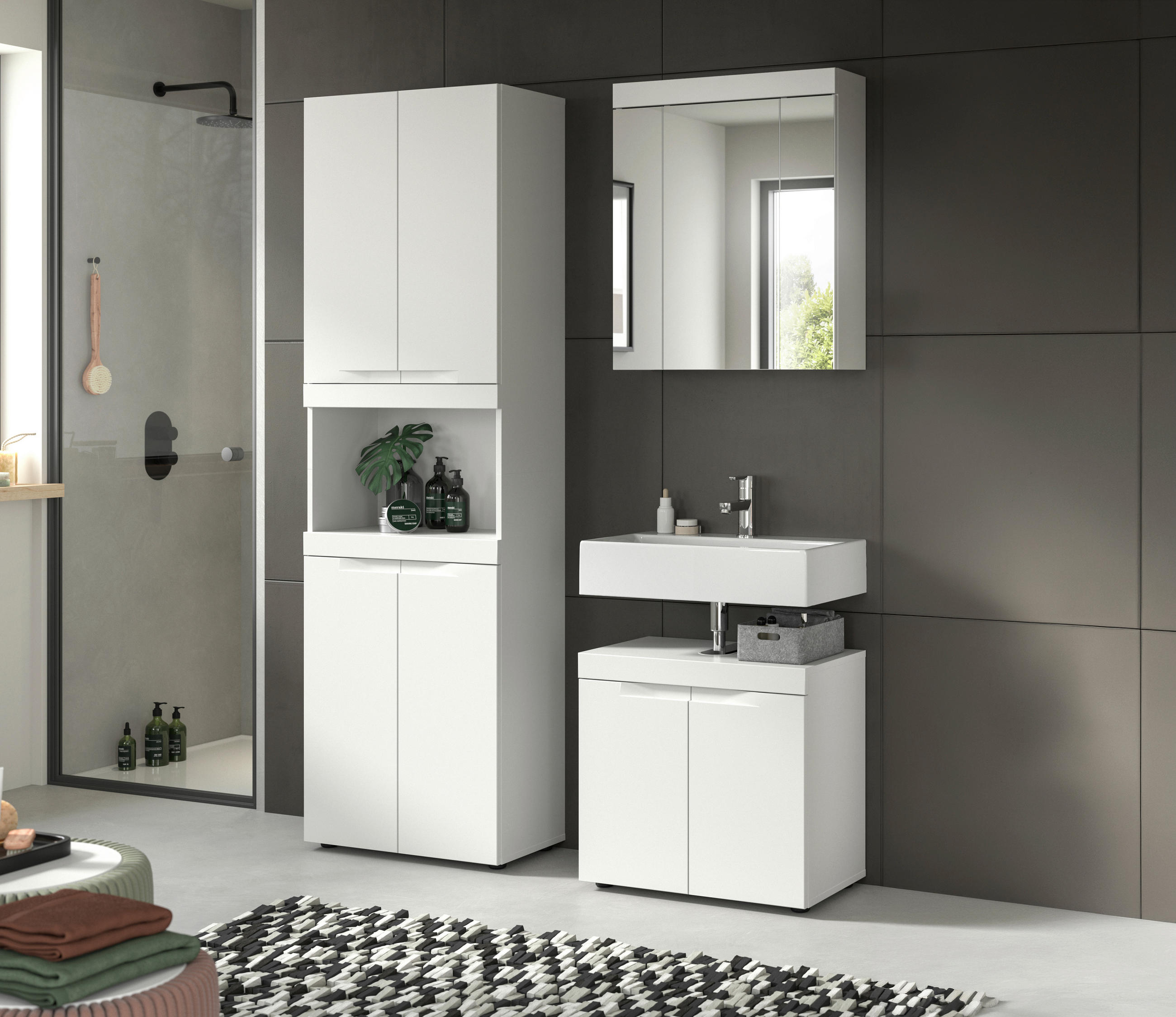 BADEZIMMER 3-teilig  in 135 cm  - Schwarz/Weiß, Trend, Glas/Holzwerkstoff (135cm) - MID.YOU