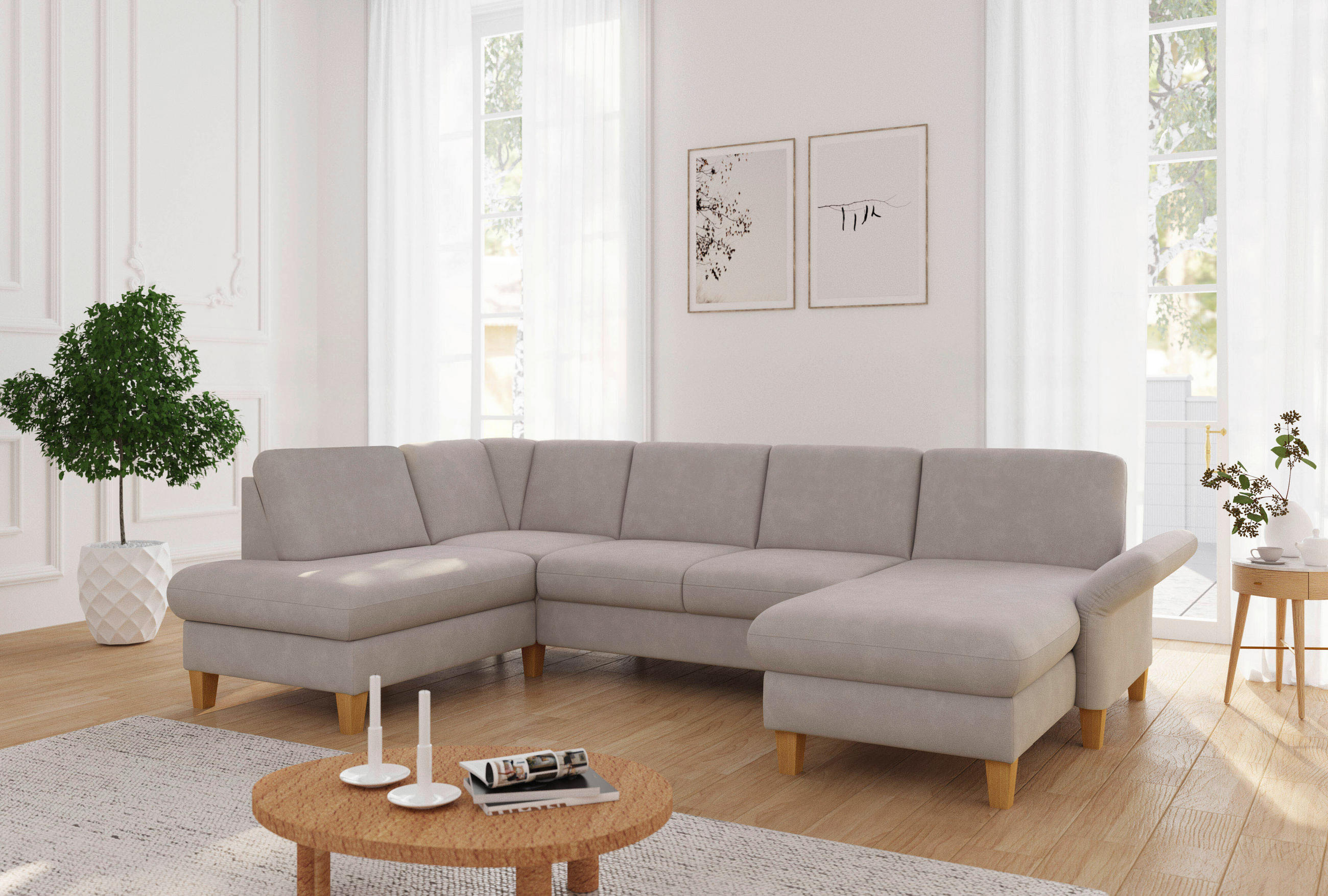 WOHNLANDSCHAFT Greige Flachgewebe  - Greige/Eichefarben, KONVENTIONELL, Holz/Textil (195/314/164cm) - Sit & More
