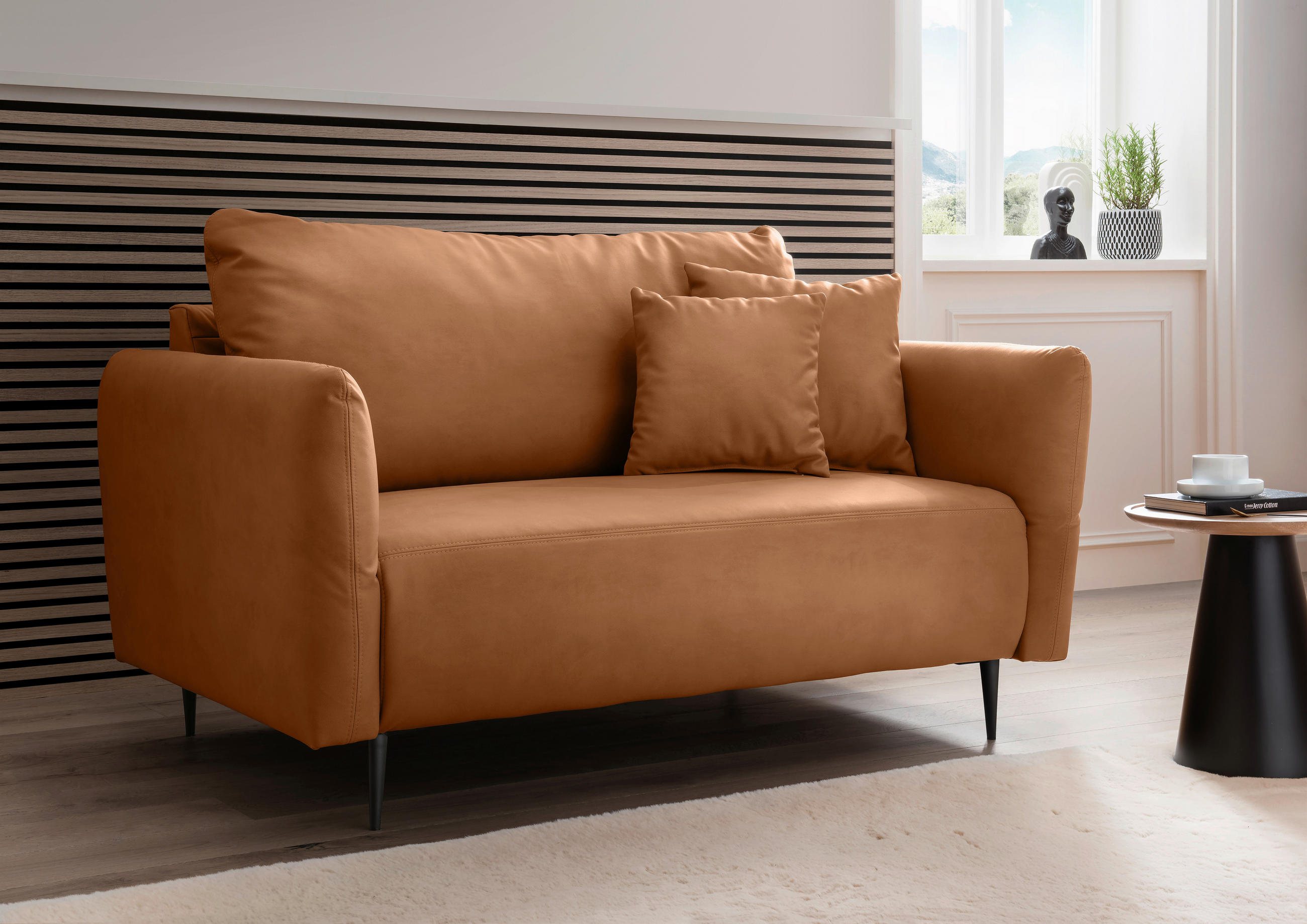 2-SITZER-SOFA in Lederlook Cognac  - Cognac/Schwarz, Design, Textil/Metall (163/97/102cm) - Livetastic