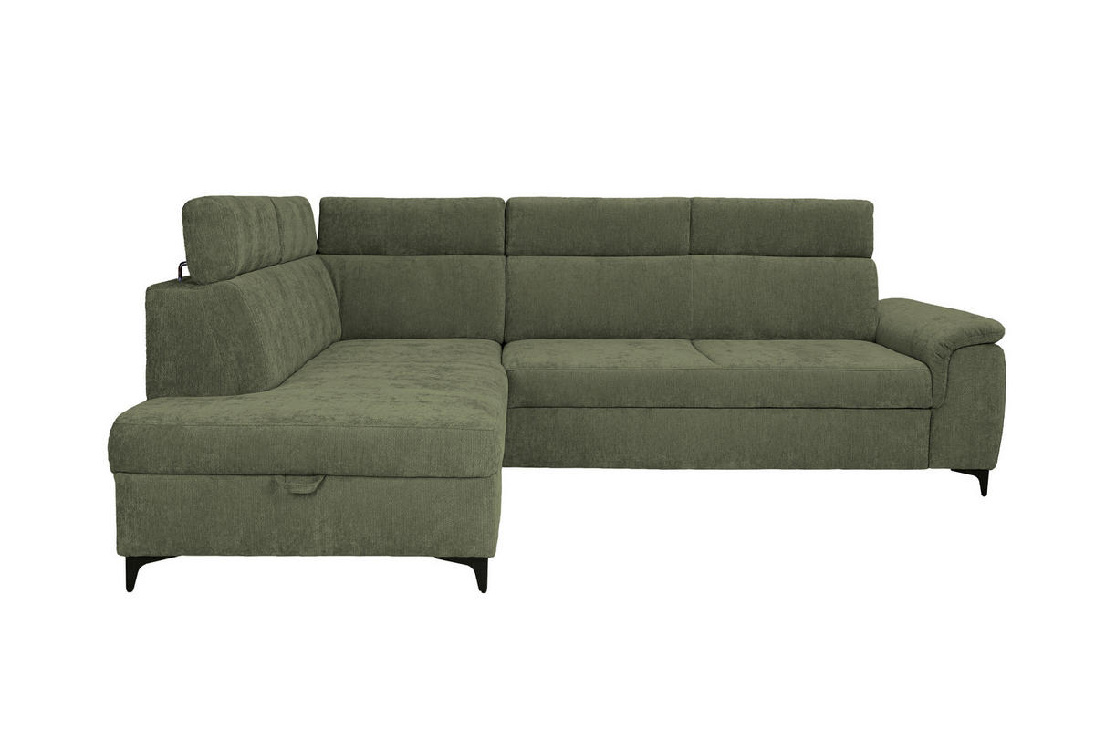 ECKSOFA Dunkelgrün Chenille Bettkasten, Schlaffunktion, Rücken echt, Kopfteilverstellung, Liegefläche im Originalstoff  - Dunkelgrün/Schwarz, KONVENTIONELL, Textil/Metall (206/265cm) - Carryhome