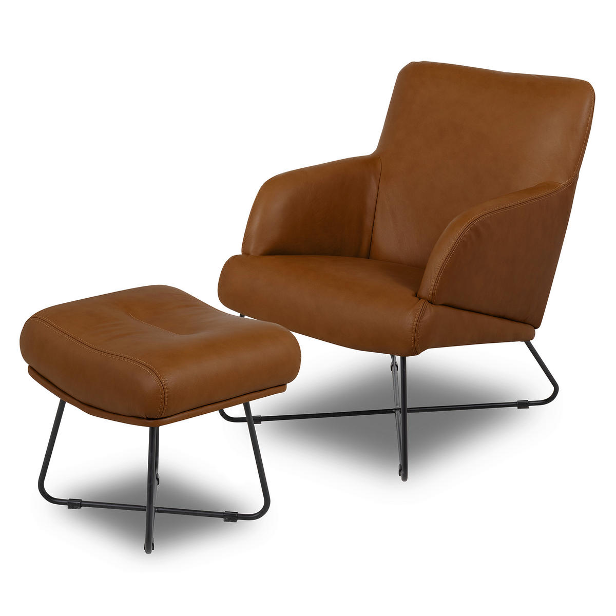 SESSELSET Echtleder Cognac  - Cognac/Kirschrot, Design, Leder/Metall (67/87/74cm) - Livetastic