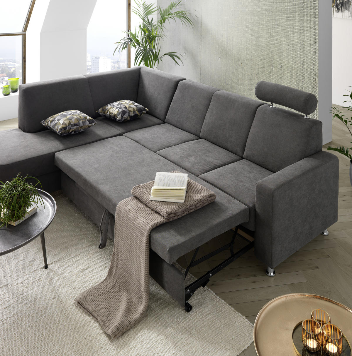 ECKSOFA Grau Flachgewebe  - Chromfarben/Grau, Design, Kunststoff/Textil (198/256cm) - Xora