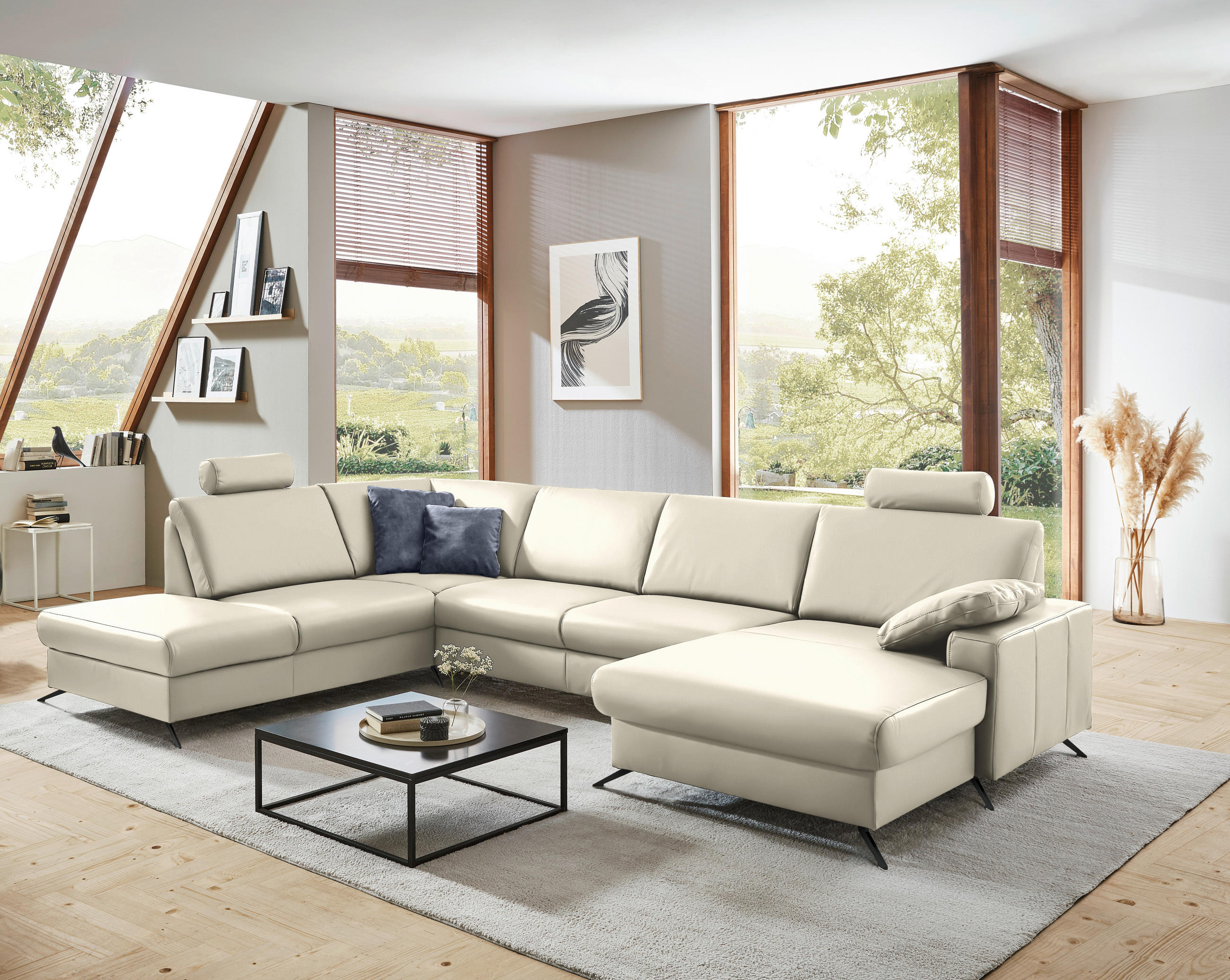 WOHNLANDSCHAFT in Echtleder Ecru  - Ecru/Schwarz, Design, Leder/Metall (233/339/165cm) - Beldomo Premium