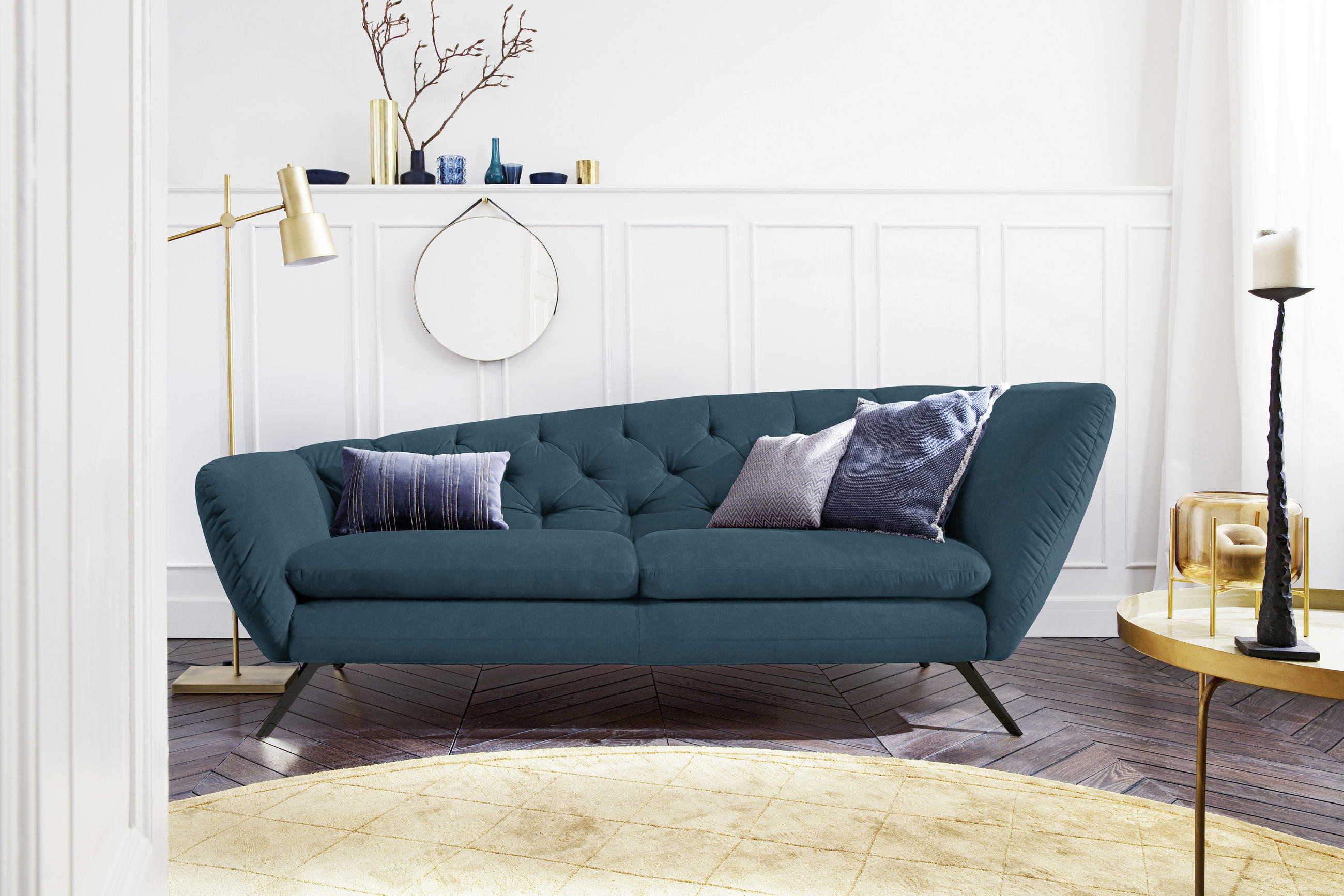 CHESTERFIELD-SOFA in Mikrofaser Schwarz, Petrol  - Petrol/Schwarz, Design, Textil/Metall (223/84/90cm) - Pure Home Lifestyle