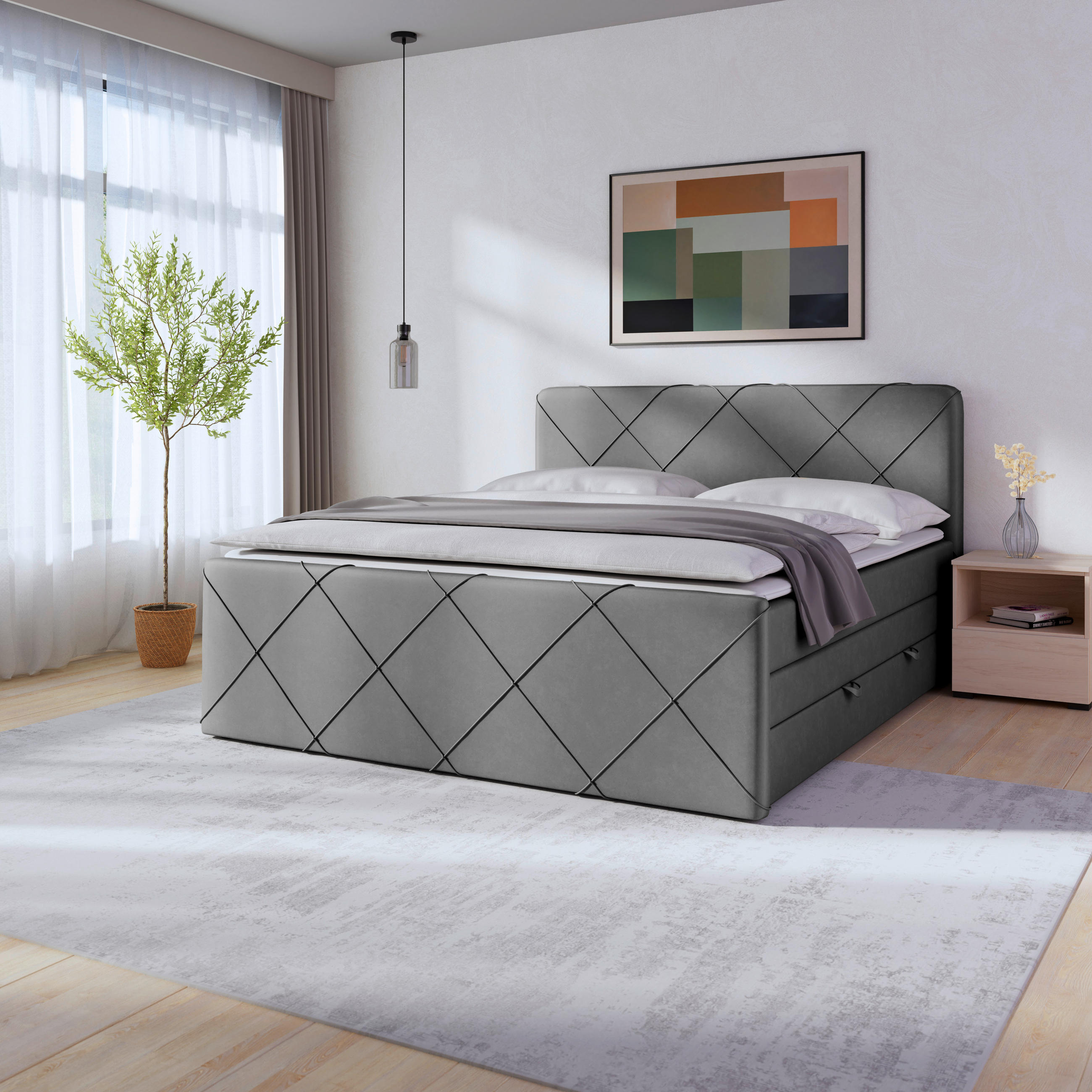 BOXSPRINGBETT 180/200 cm  in Hellgrau  - Hellgrau/Schwarz, MODERN, Karton/Holz (180/200cm) - MID.YOU