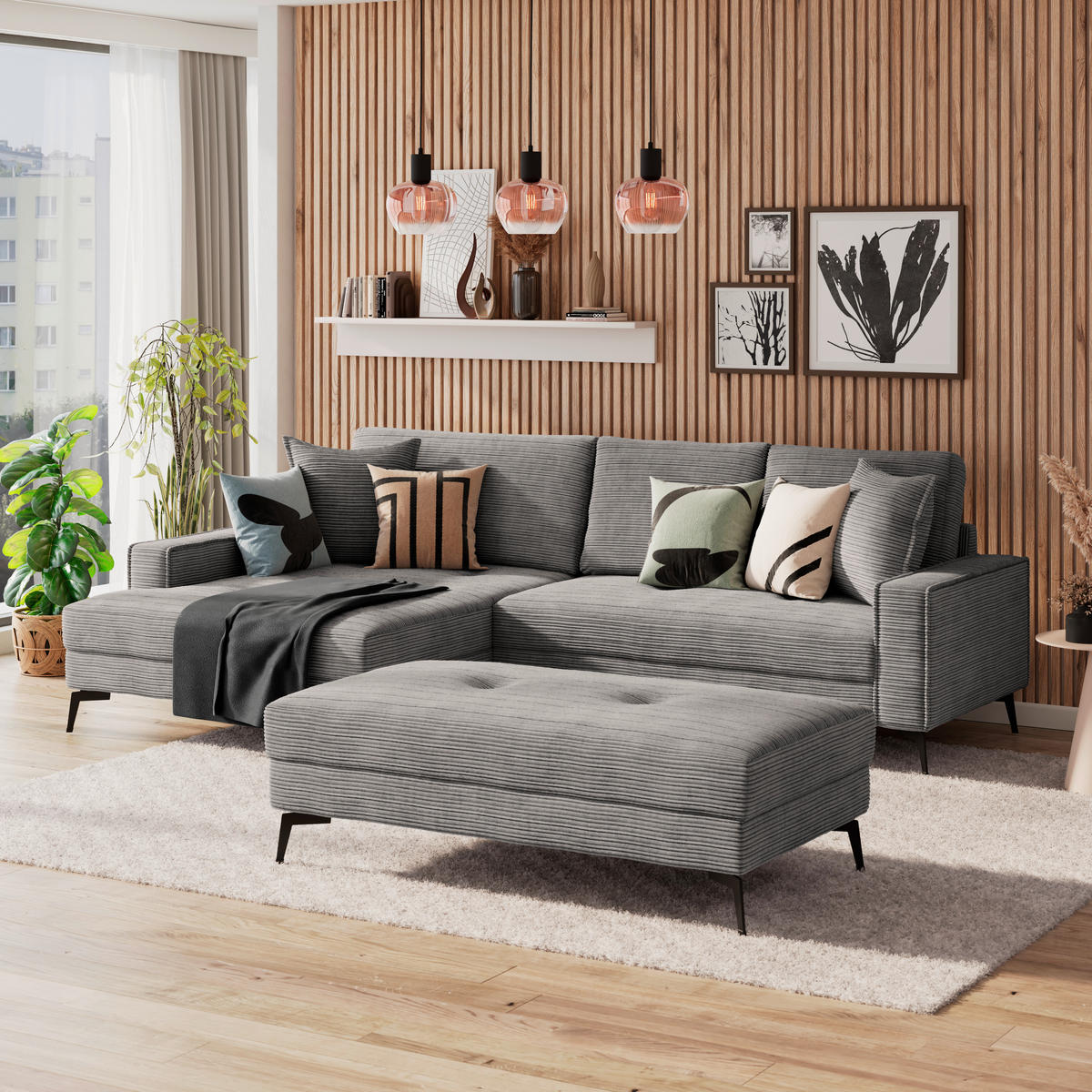 ECKSOFA ZERO Anthrazit Cord Zierkissen, Rückenkissen  - Anthrazit/Schwarz, Trend, Textil/Metall (173/286cm) - Livetastic