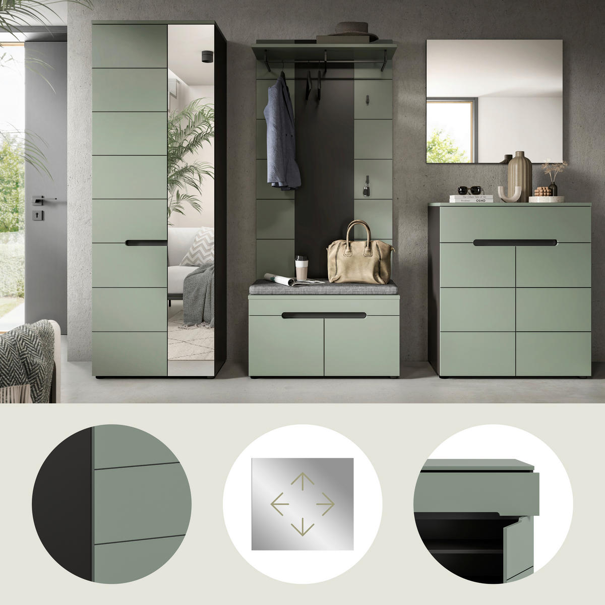 ŠATNA, 255/190/37 cm - šedá/šedozelená, Design, kompozitní dřevo (255/190/37cm) - Livetastic