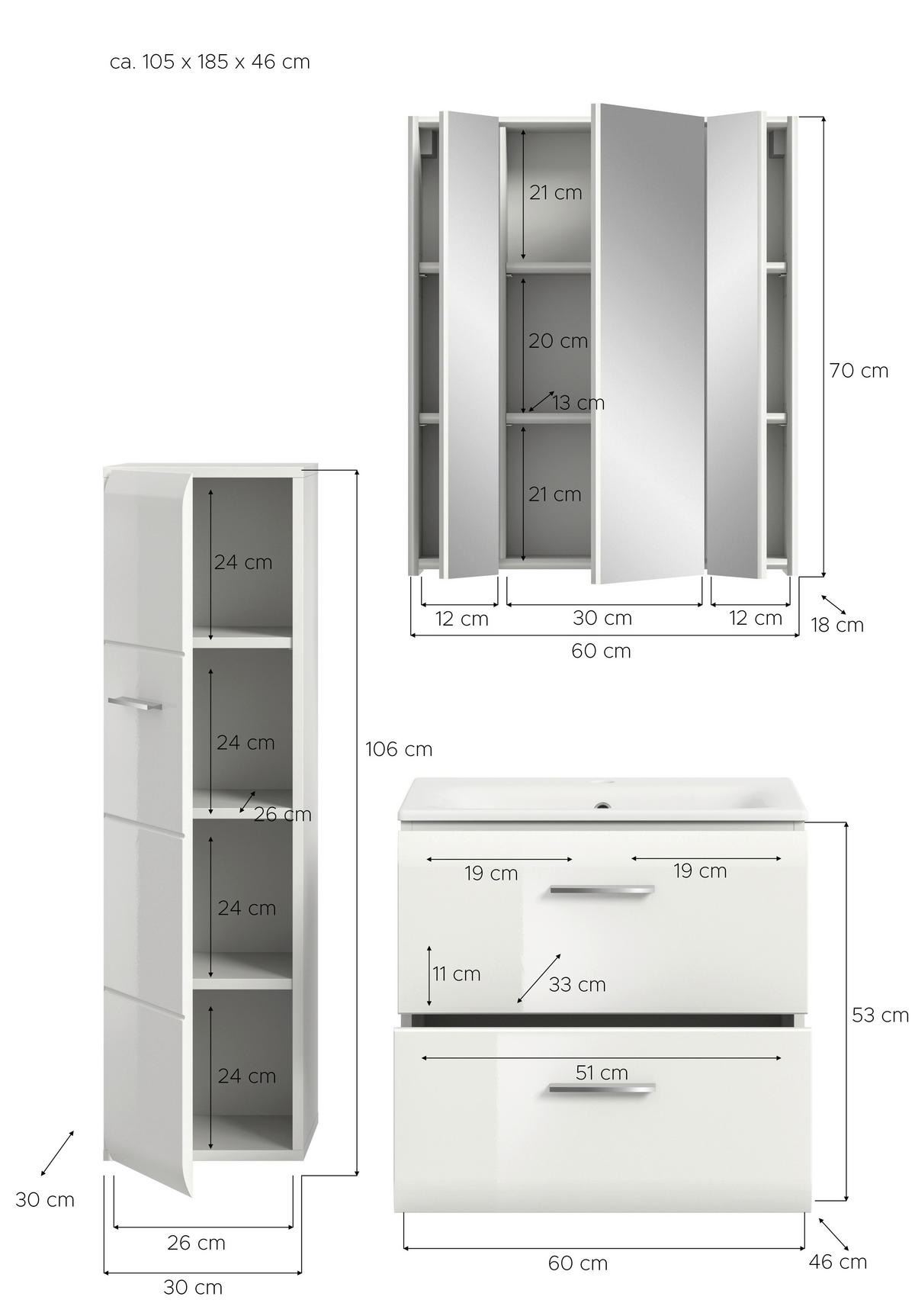 BADEZIMMER 3-teilig 90 cm  - Weiss Hochglanz/Weiss, Modern, Keramik/Holzwerkstoff (90cm) - MID.YOU