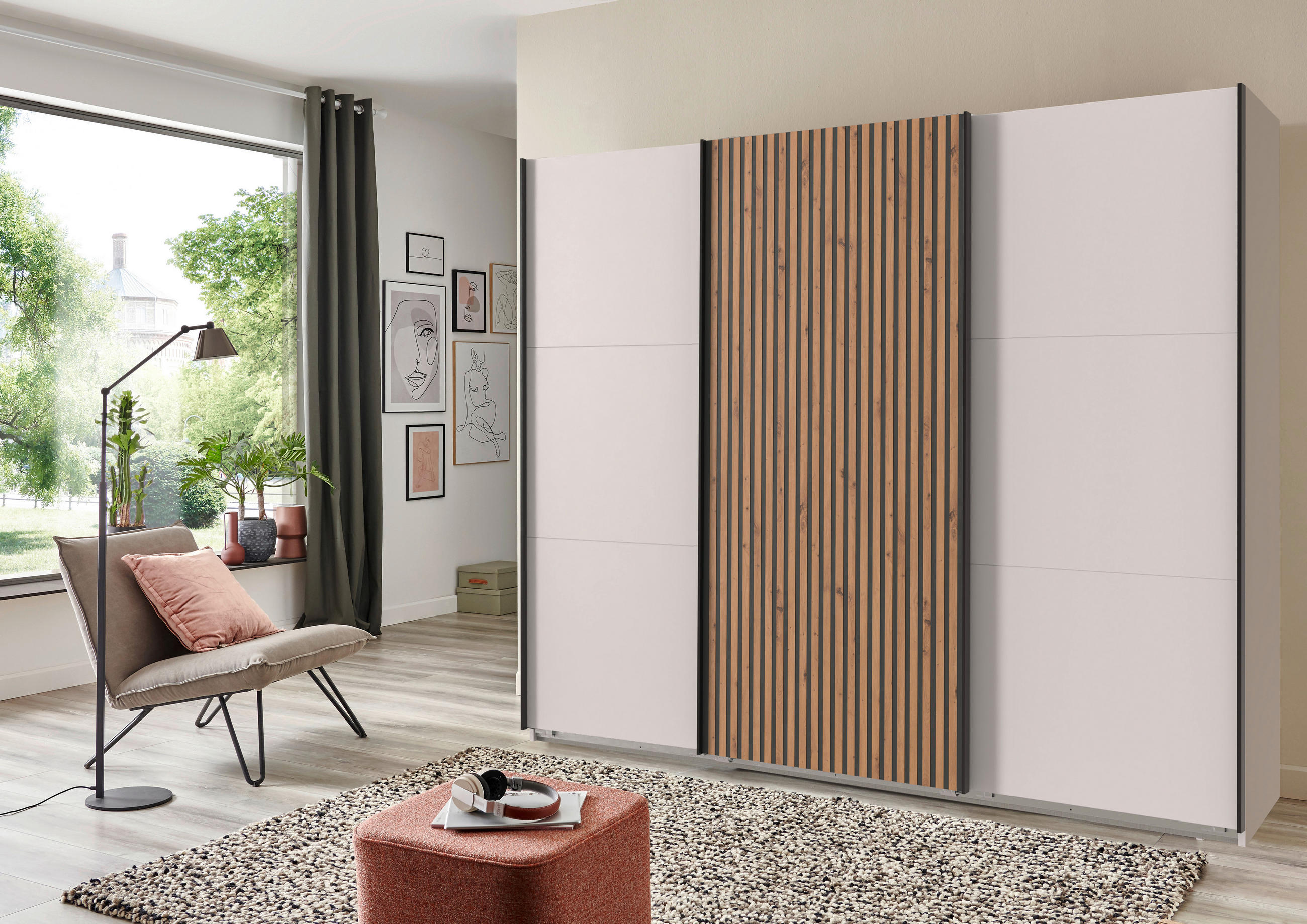 GARDEROB MED SKJUTDÖRRAR 300/218/65 cm 3-dörrar - vit/grafitfärgad, Klassisk, metall/trämaterial (300/218/65cm) - Carryhome