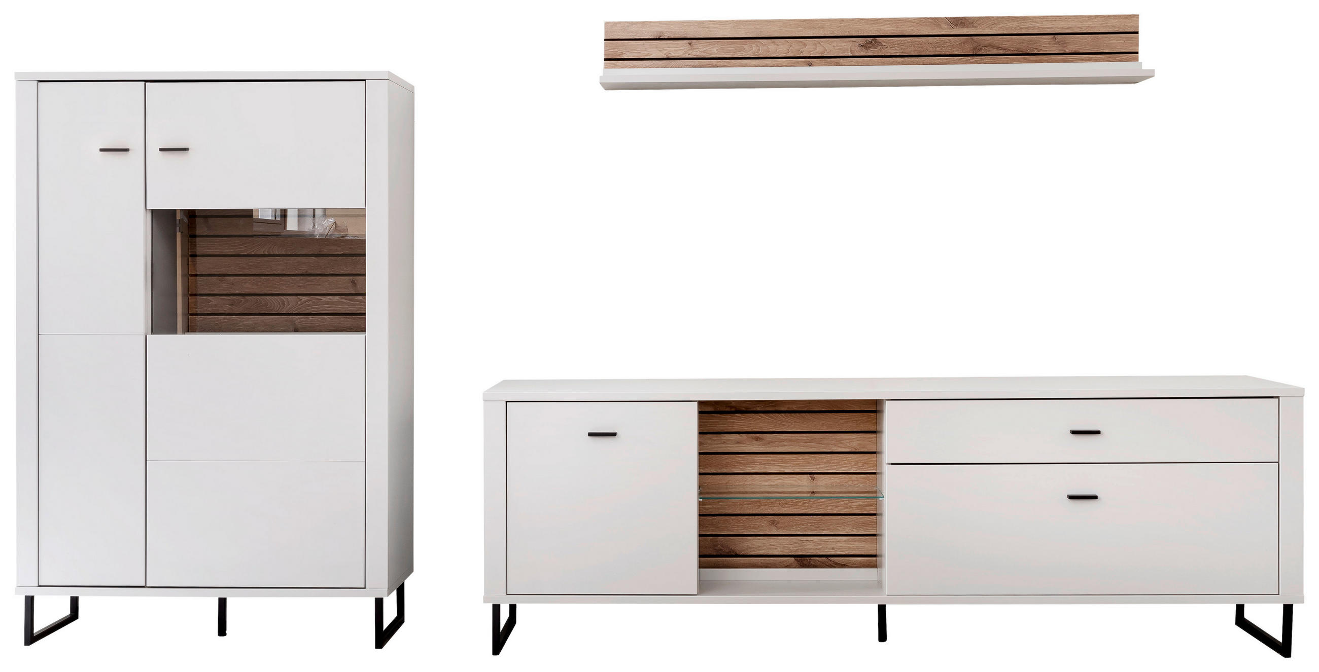 WOHNWAND  in Weiss, Eichefarben 326/152/44 cm  - Weiss/Eichefarben, Design, Glas/Holzwerkstoff (326/152/44cm) - Stylife