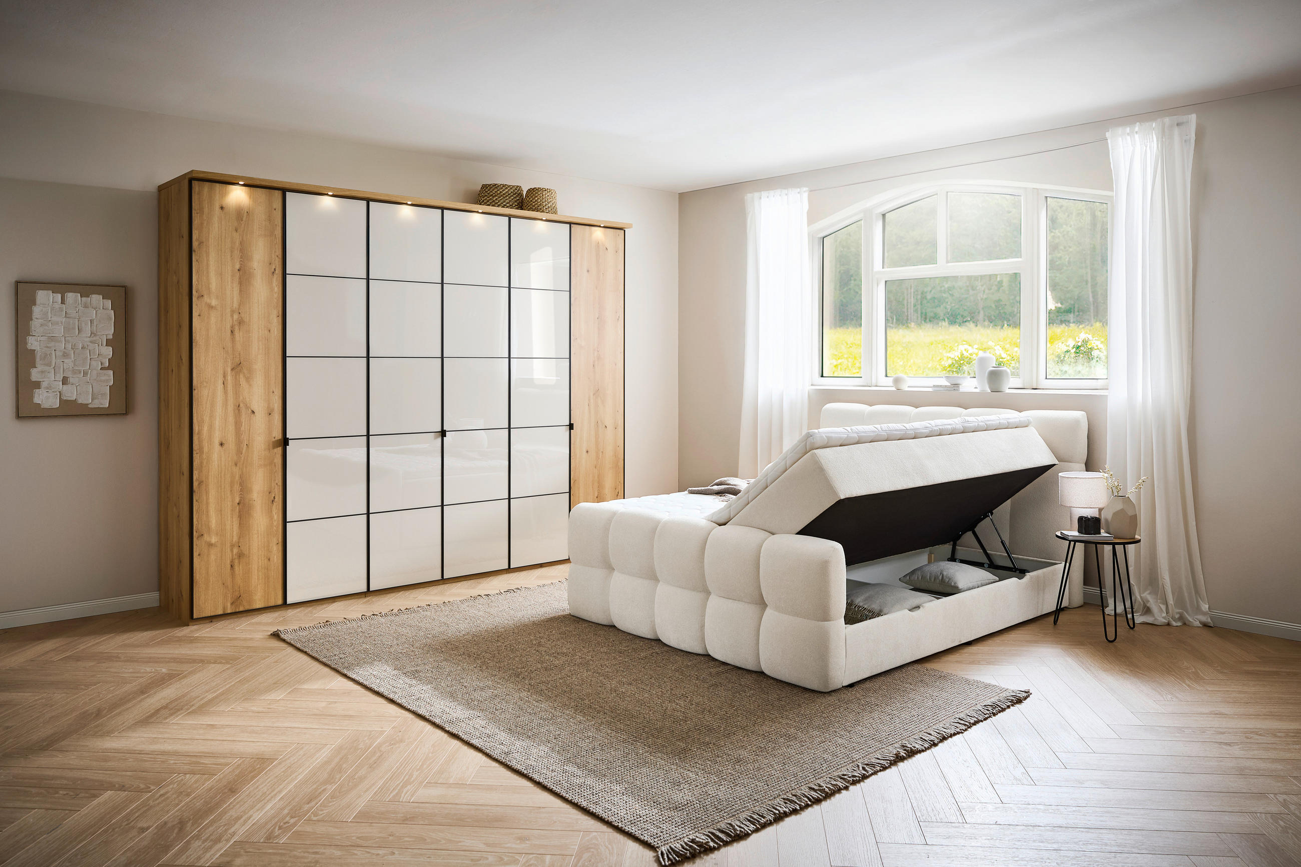 Thumbnail - Moderano Boxbett, Ecru, Textil, Tanne, Hartholz, H3, 5-Zonen, Höhe ca. 24 cm, 180x200 cm, gepolstertes Kopfteil, Topper ...