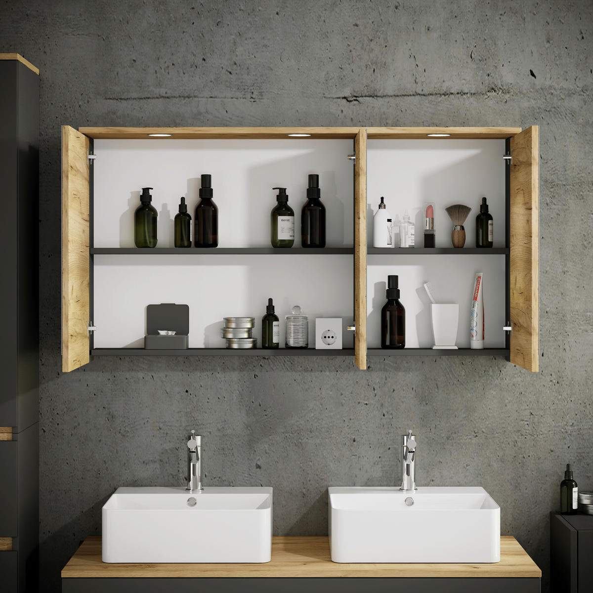 SPIEGELSCHRANK 110/59/23 cm  - Honigeiche/Anthrazit, Trend, Glas/Holzwerkstoff (110/59/23cm) - MID.YOU