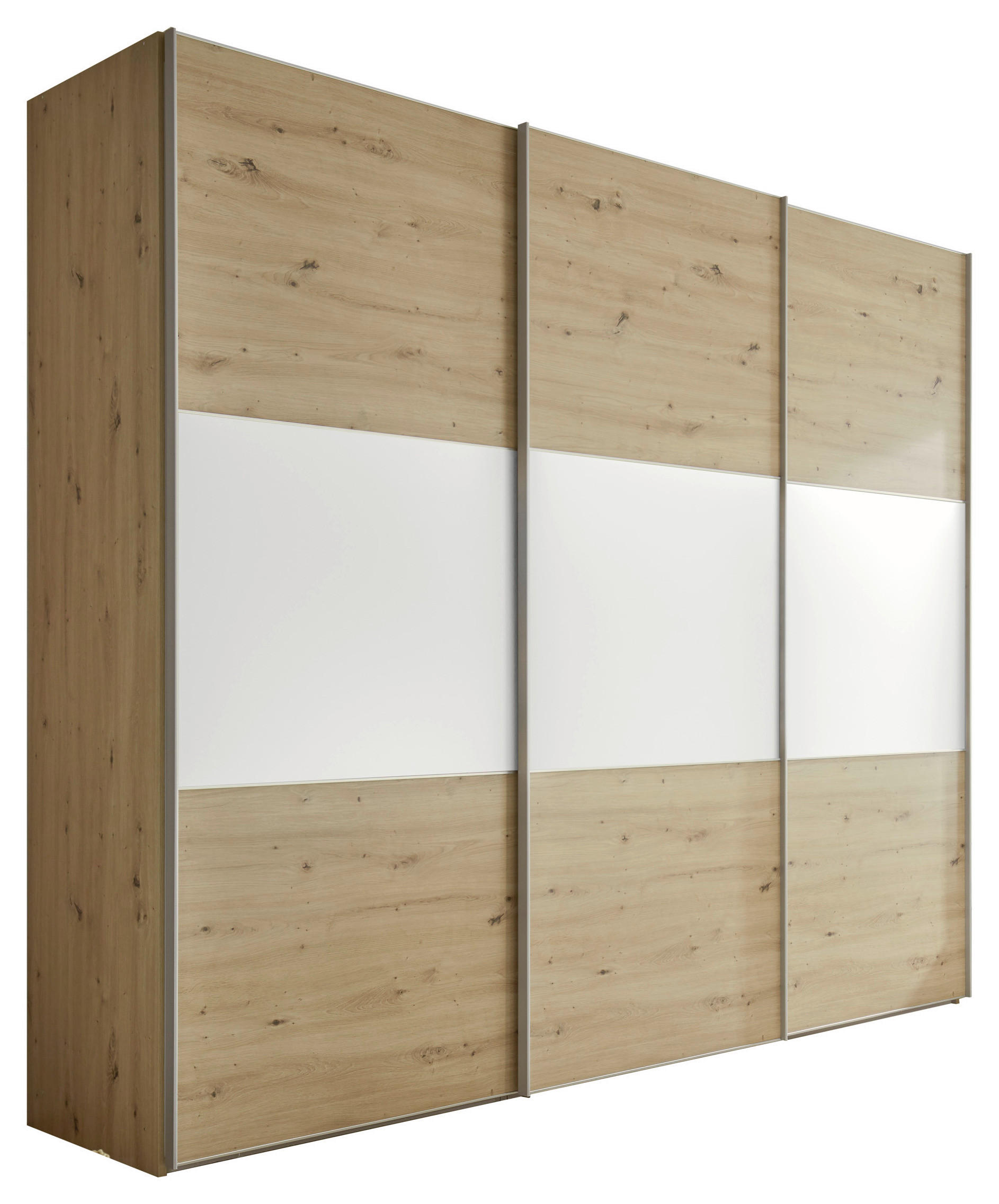 Moderano Schwebetürenschrank Weiß, Eiche Artisan 249x222x68 cm