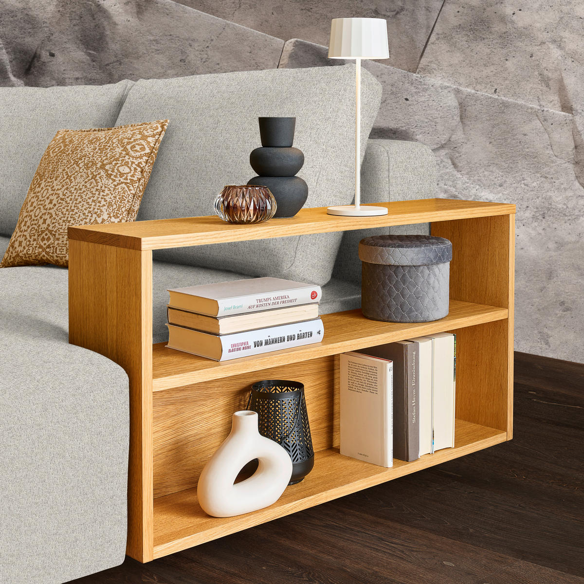 ECKSOFA in Flachgewebe Ecru  - Ecru/Eichefarben, Design, Holz/Textil (307/190cm) - Joka