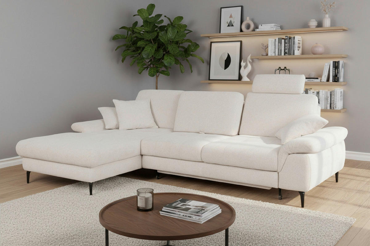 ECKSOFA ALMA in Chenille Creme  191/285 cm  - Creme/Schwarz, Design, Textil/Metall (191/285cm) - Livetastic