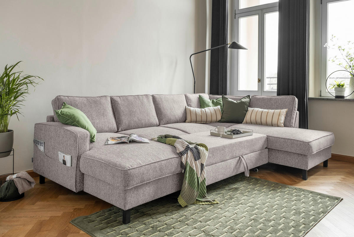 WOHNLANDSCHAFT in Struktur Grauweiss  - Schwarz/Grauweiss, Holz/Textil (148/298/198cm) - MID.YOU