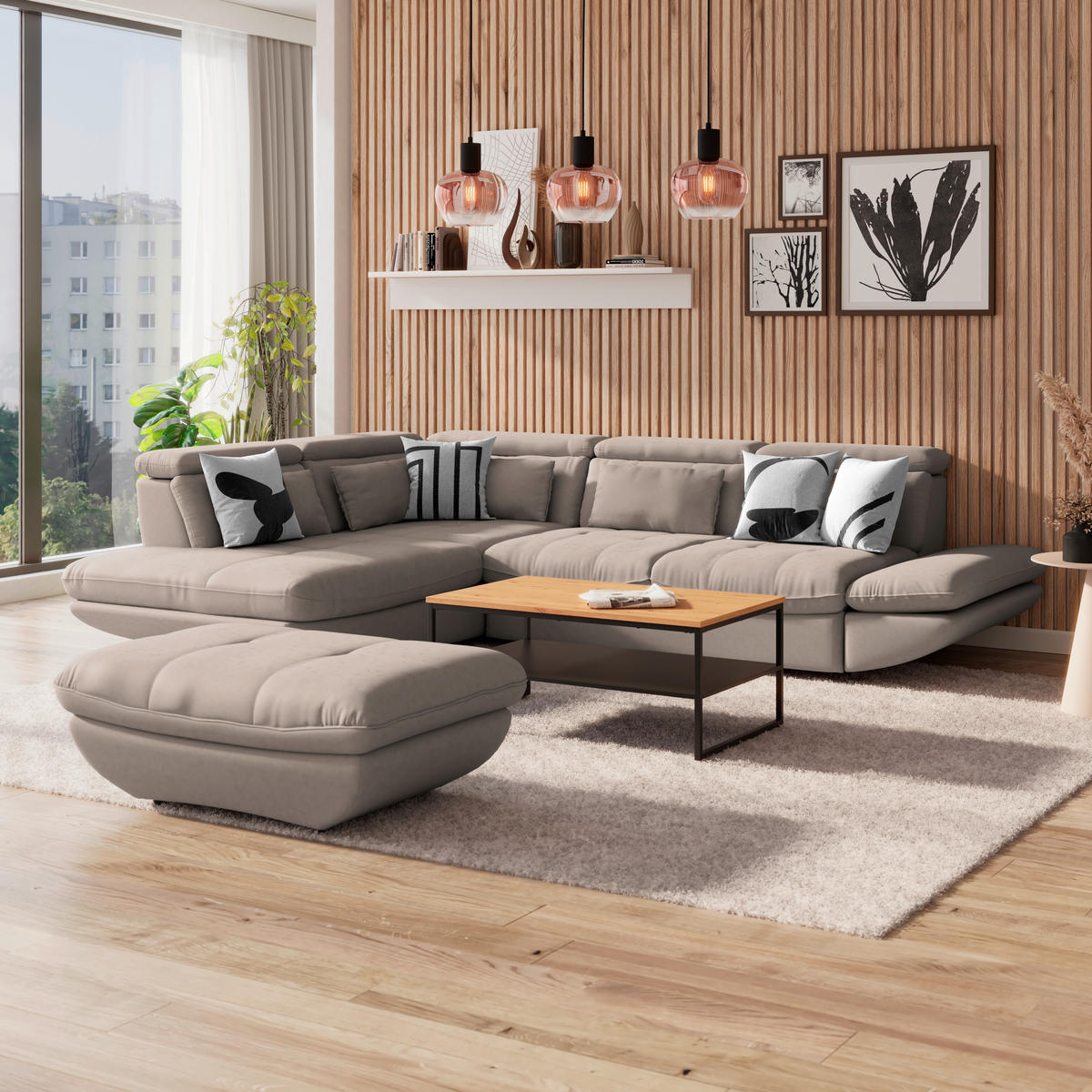 WOHNLANDSCHAFT in Mikrofaser Beige  - Beige/Schwarz, Modern, Kunststoff/Textil (311/233cm) - MID.YOU