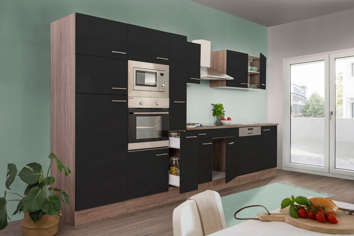 KÜCHENBLOCK 370 cm   in Schwarz  - Edelstahlfarben/Eichefarben, Design, Holzwerkstoff/Metall (370cm) - Respekta