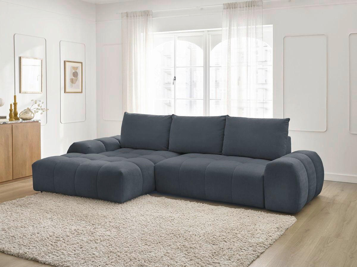 ECKSCHLAFSOFA EVEREST  mit Rücken echt, Armteil links, Armteil rechts Struktur Dunkelblau  - Schwarz/Dunkelblau, MODERN, Kunststoff/Textil (180/318cm) - Livetastic