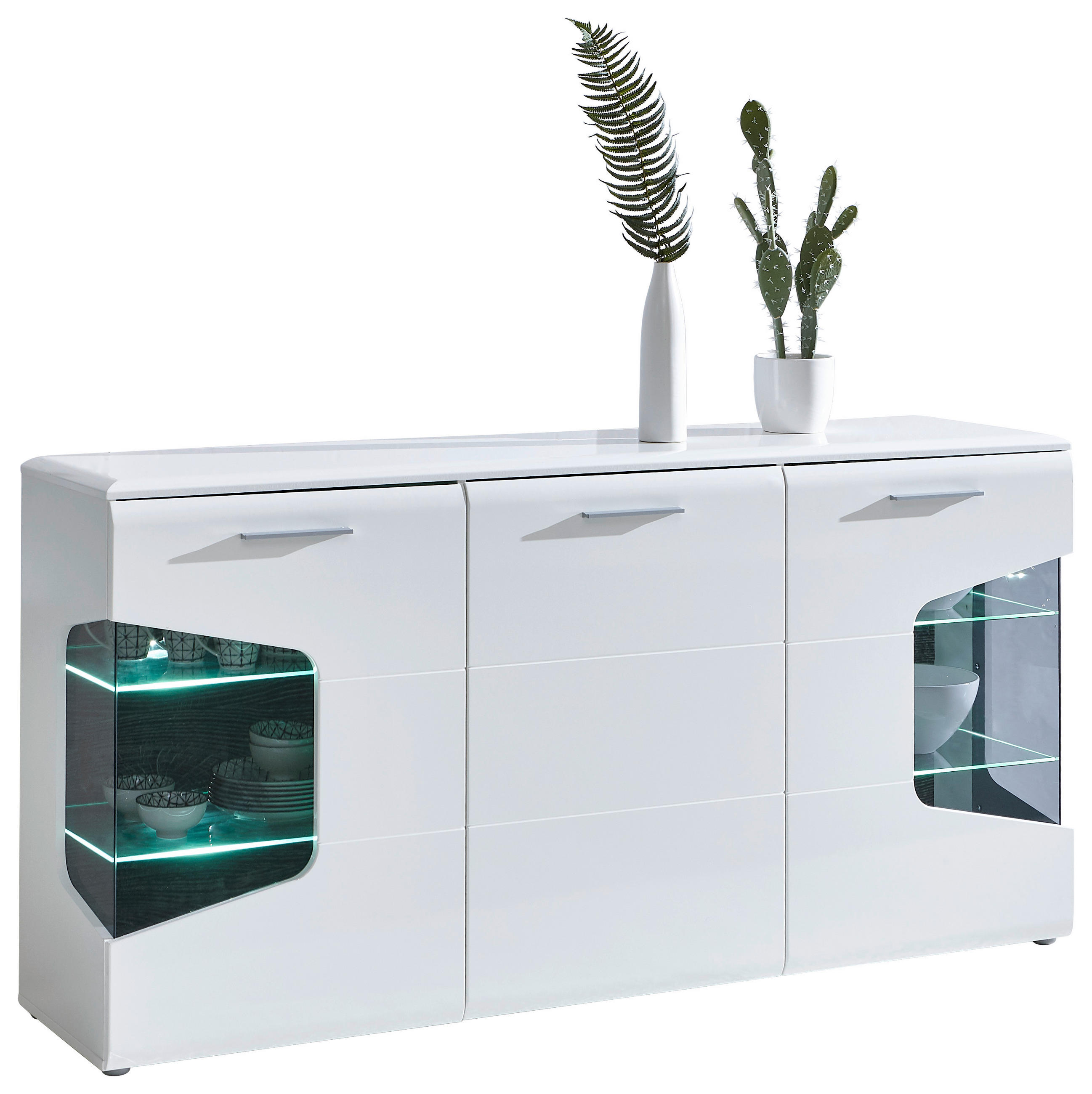 Hom`in Sideboard Weiß, Eiche, Weiß Hochglanz 180x89x41 cm