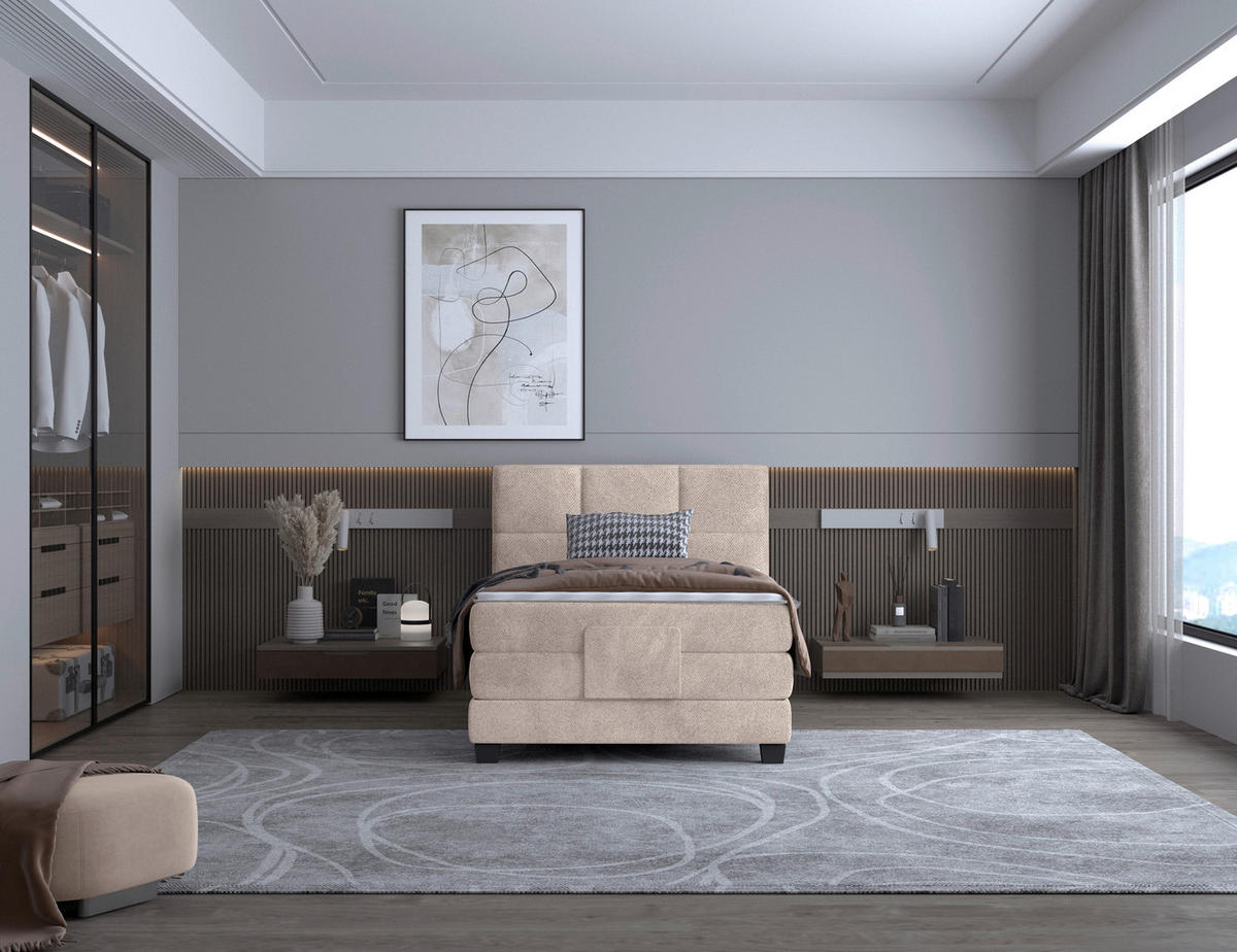 BOXSPRINGBETT 120/200 cm,  in Beige, Matratze, Topper, motorische Verstellbarkeit, Fernbedienung, H3 = fest  - Beige/Schwarz, KONVENTIONELL, Holz/Kunststoff (120/200cm) - Chameo