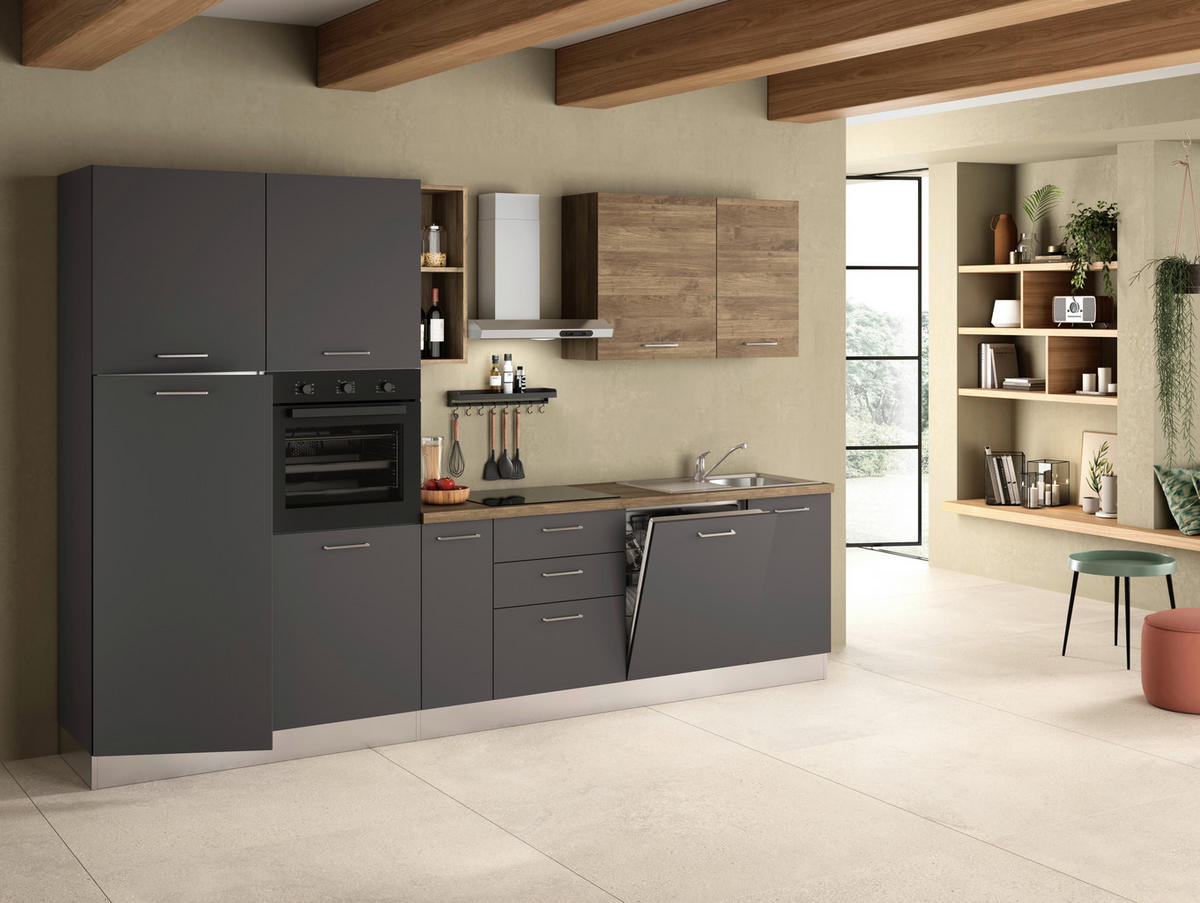 KÜCHENBLOCK   in Grau, Walnussfarben  - Walnussfarben/Alufarben, LIFESTYLE, Holzwerkstoff/Kunststoff (315cm) - MID.YOU