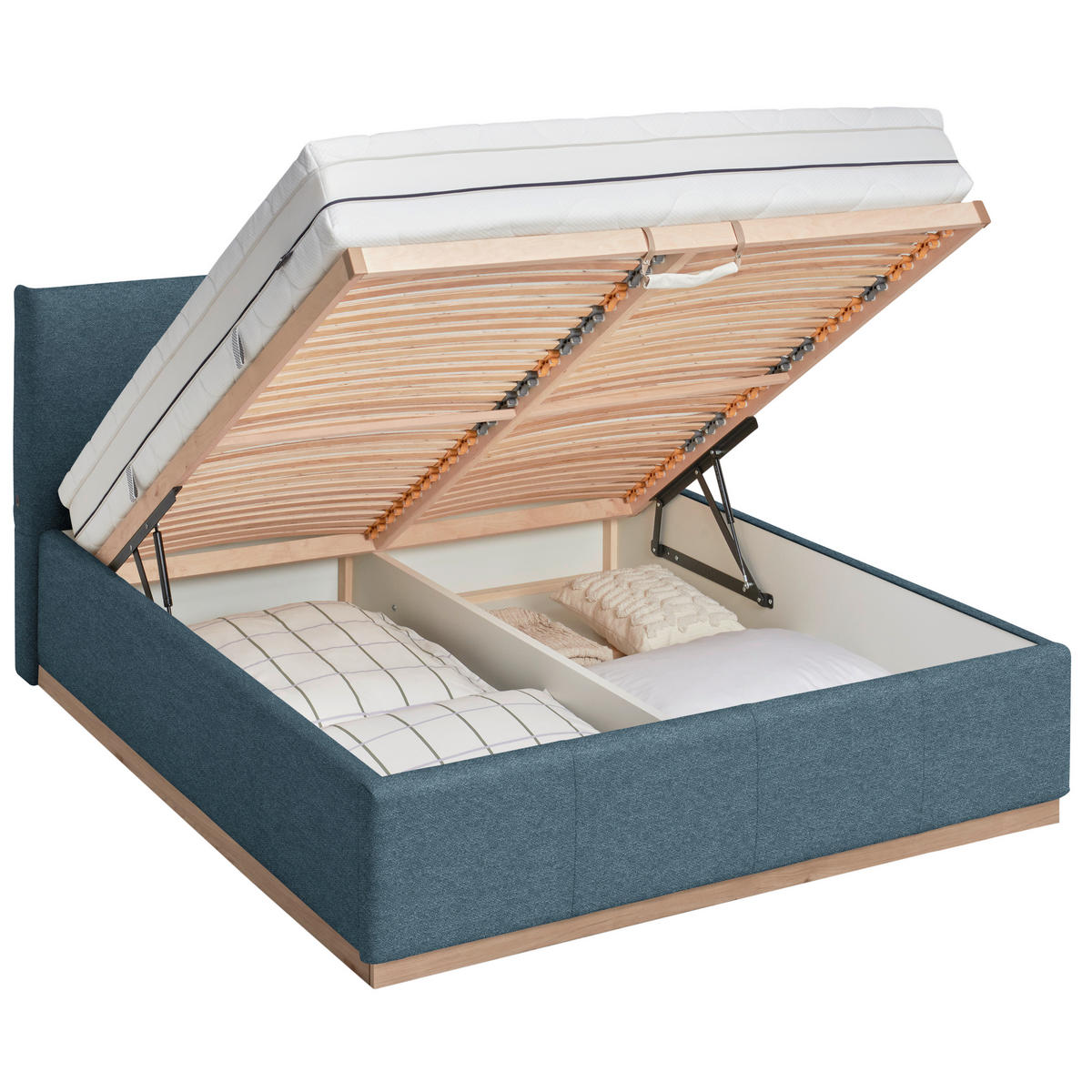 POLSTERBETT Beleuchtung, Lattenrost, Bettkasten Blau 180/200 cm  - Blau/Birkefarben, Design, Holz/Holzwerkstoff (180/200cm) - Lomoco