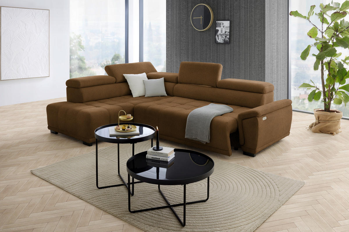 HÖRNSOFFA i chenille, vävt tyg rostfärgad  - svart/rostfärgad, Modern, textil/plast (106/283cm) - MID.YOU