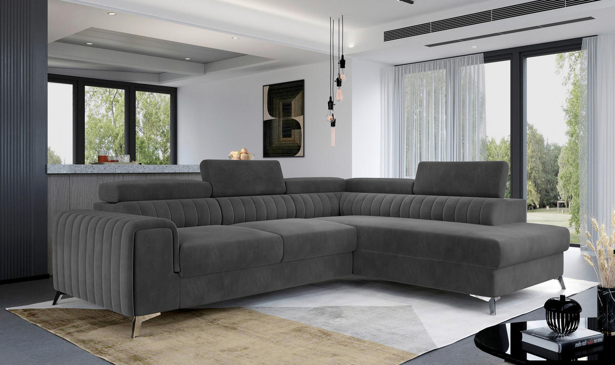 ECKSOFA  Anthrazit Samt  - Anthrazit/Silberfarben, Design, Textil/Metall (278/205cm) - MID.YOU