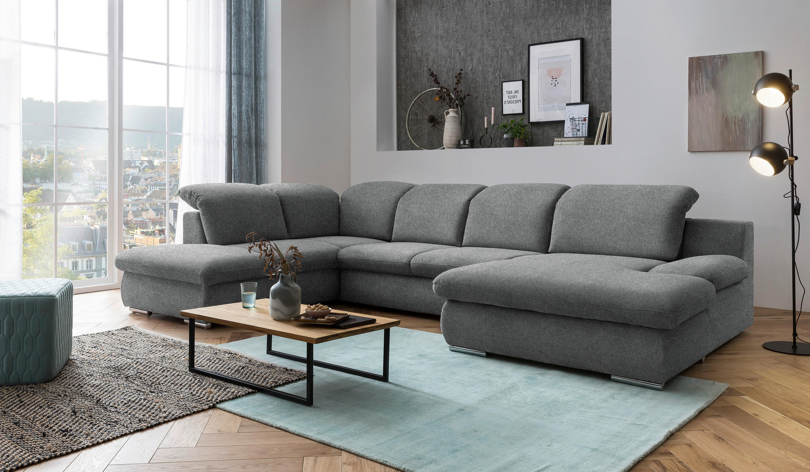 WOHNLANDSCHAFT Dunkelgrau Chenille - Chromfarben/Dunkelgrau, Design, Textil/Metall (212/353/165cm) - Livetastic