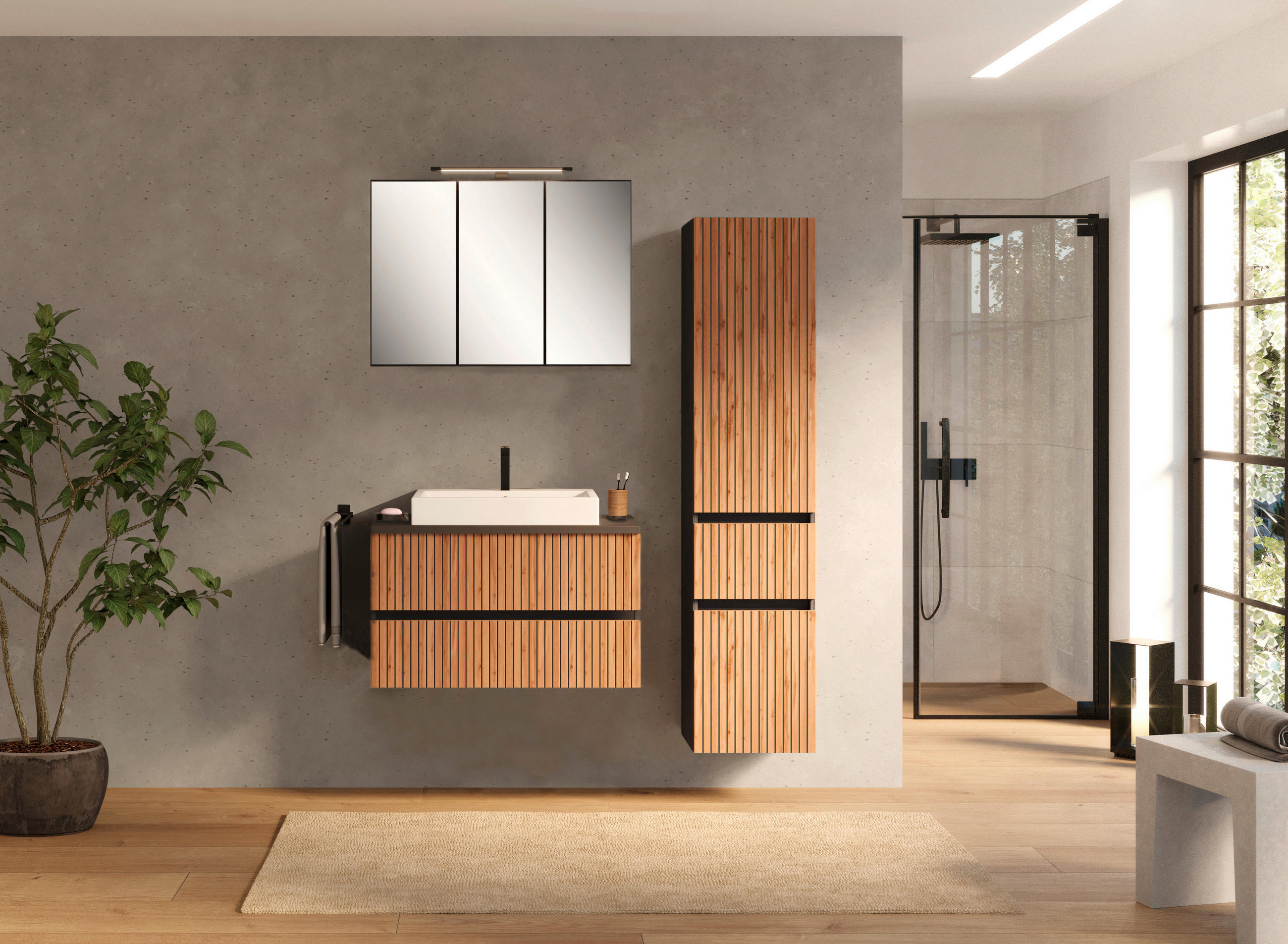 BADEZIMMER  in 130 cm  - Eiche Wotan/Graphitfarben, KONVENTIONELL, Glas/Keramik (130cm) - Xora