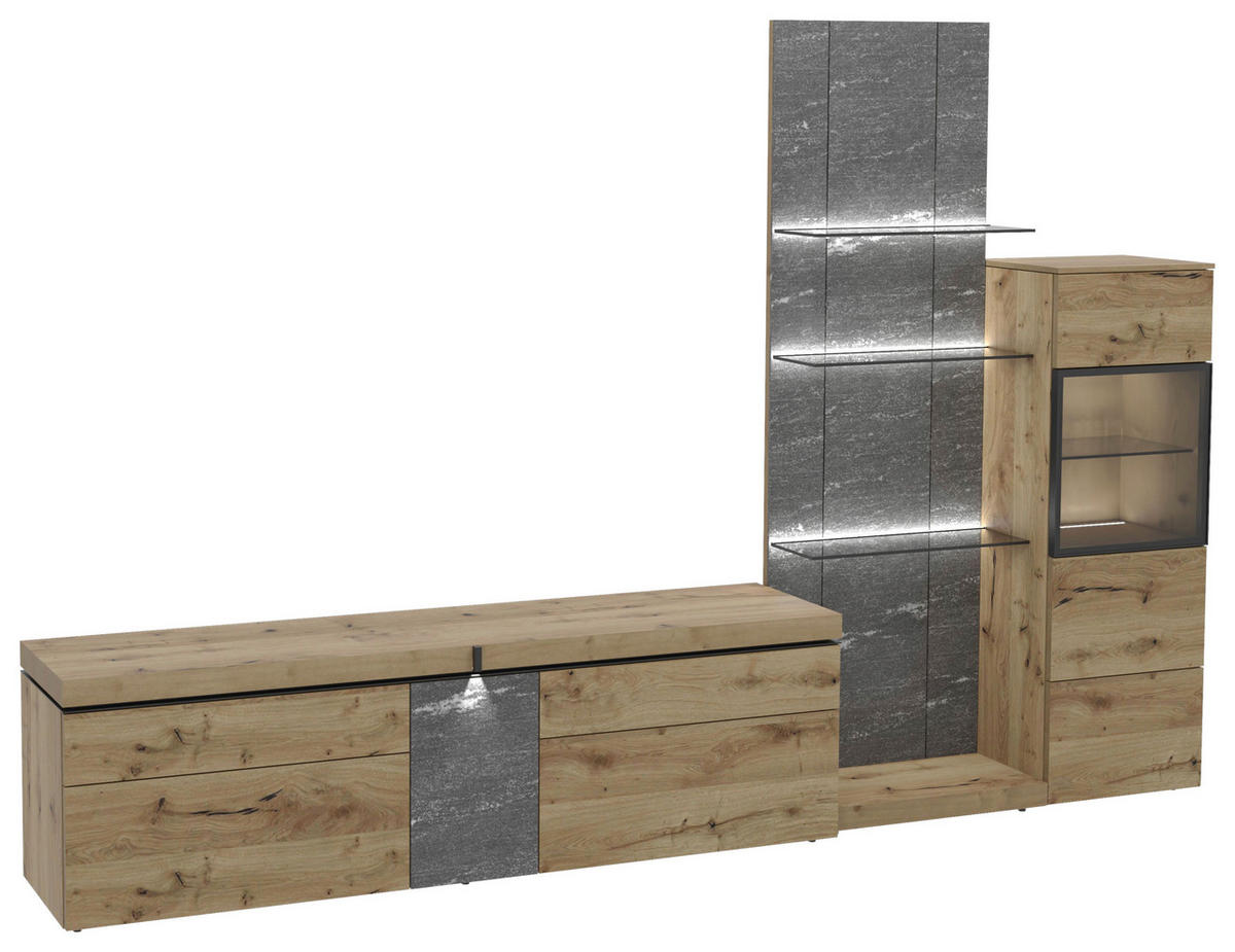 WOHNWAND 3-teilig  in Grau, Alteiche  304/202/43 cm  - Alteiche/Schwarz, Design, Glas/Holz (304/202/43cm) - Voglauer