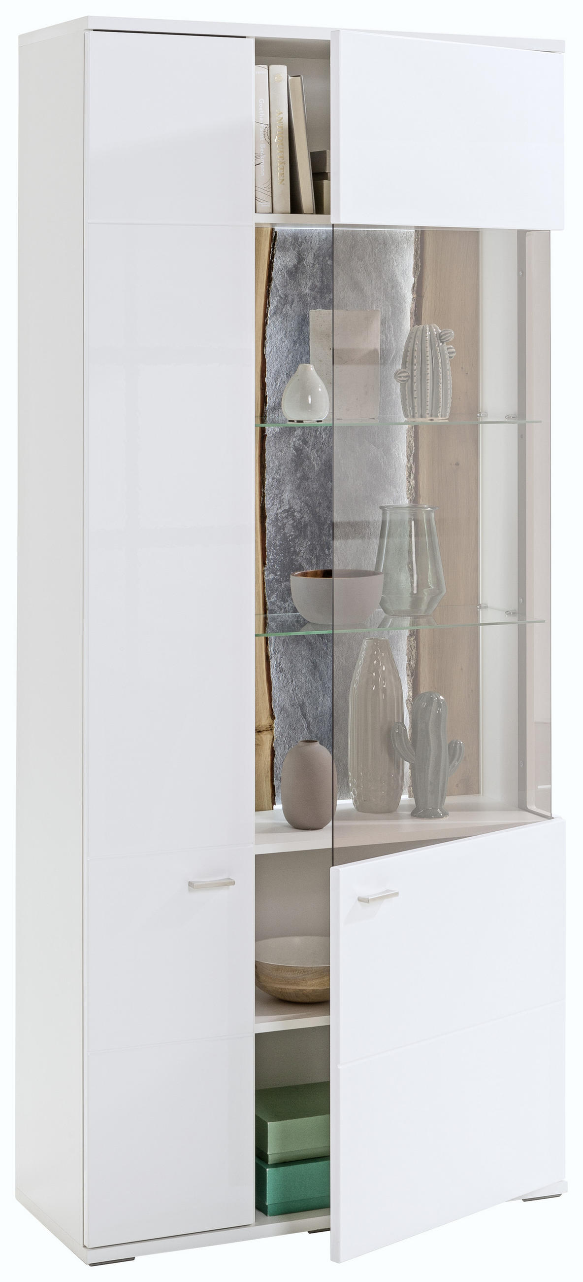 VITRINE in Weiß, Eichefarben, Schieferfarben, Weiß Hochglanz  - Schieferfarben/Eichefarben, Design, Glas/Holzwerkstoff (90,1/207,4/37,2cm) - SetOne by Musterring