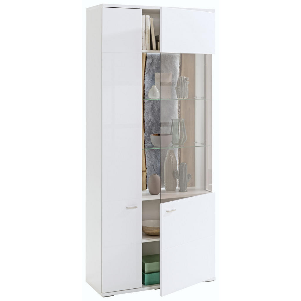 Thumbnail - SetOne by Musterring Vitrine, Weiß, Eiche, Schiefer, Weiß Hochglanz, Glas, Holzwerkstoff, 10 Fächer, 90.1x207.4x37.2 cm,...