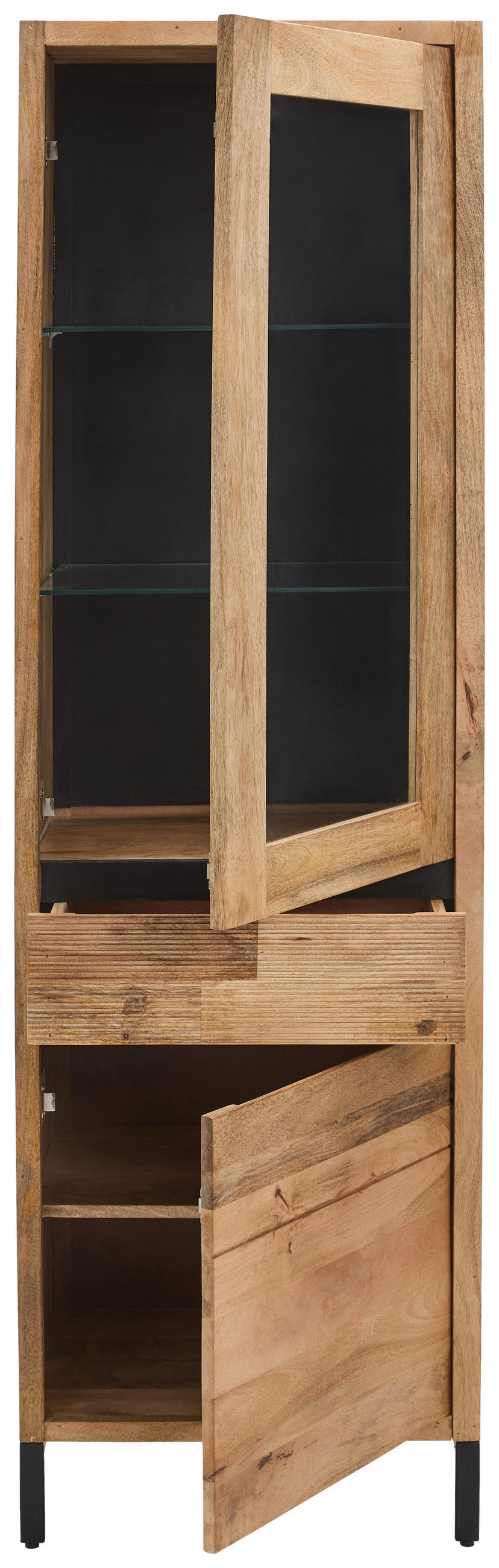 VITRINE in furniert, massiv Mangoholz   - Schwarz/Naturfarben, KONVENTIONELL, Glas/Holz (56/184/42cm) - Livetastic