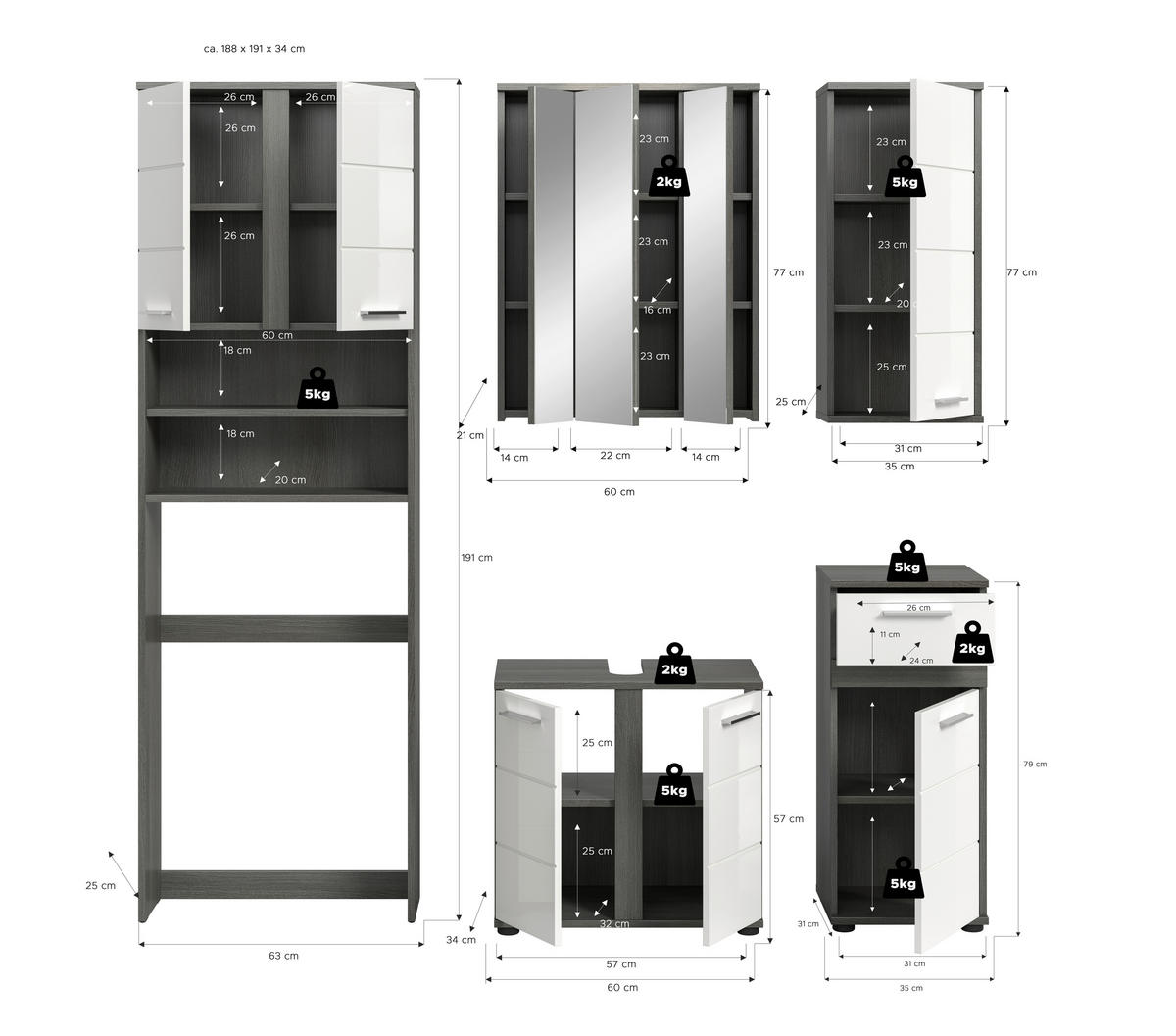 BADRUM 188 cm  - silver/vit högglans, Trend, trämaterial/glas (188cm) - MID.YOU