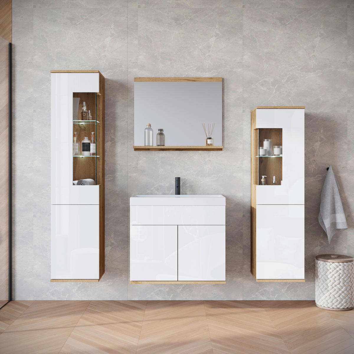 BADEZIMMER 5-teilig  in 120,4 cm  - Weiß Hochglanz/Eiche Wotan, Trend, Glas/Keramik (120,4cm) - P & B