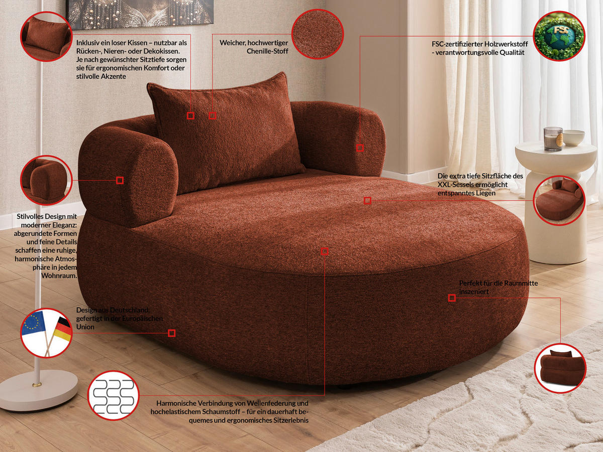 XXL-SESSEL Chenille Rostfarben    - Rostfarben/Schwarz, Design, Kunststoff/Textil (122/76/156cm) - Livetastic