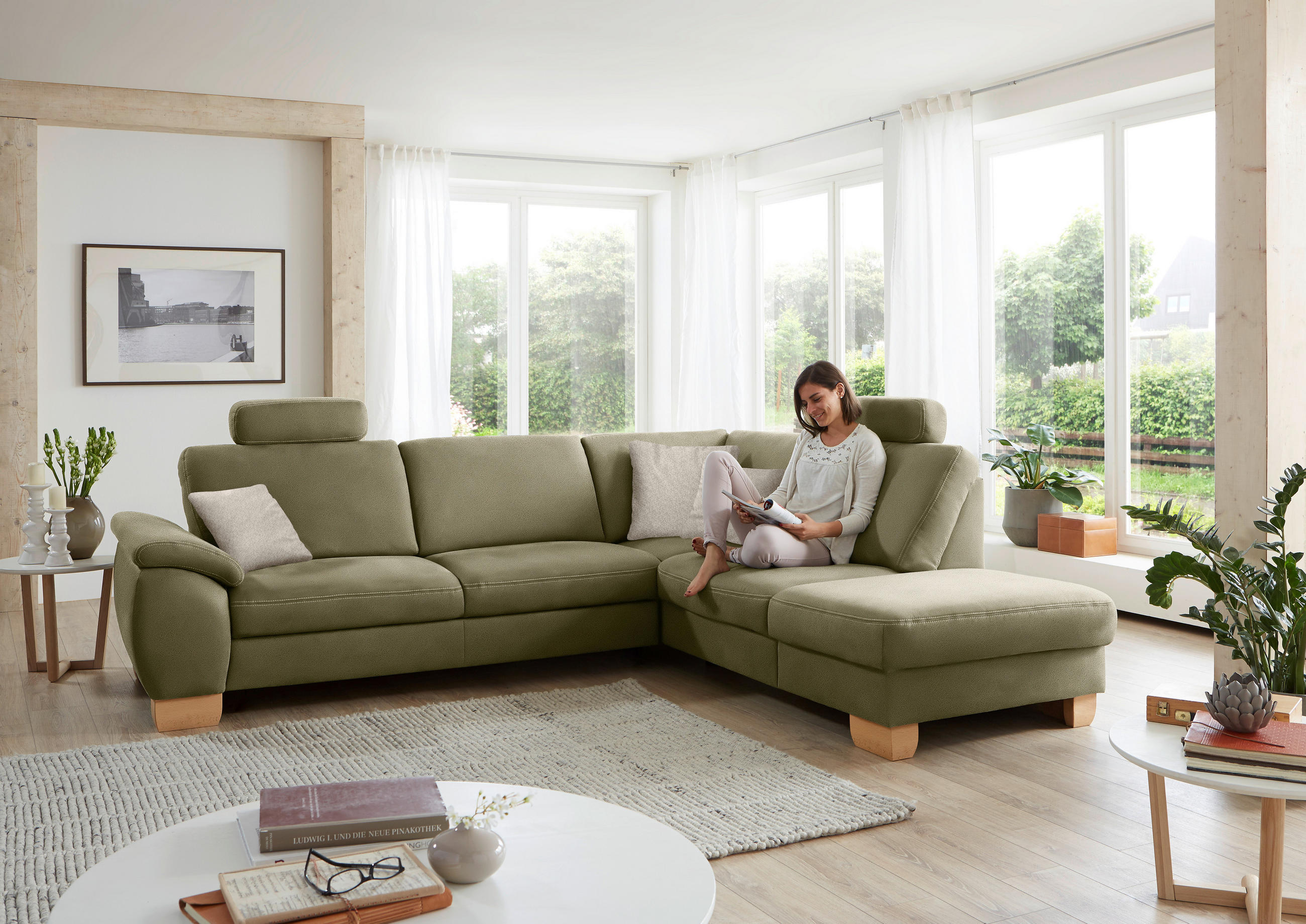 ECKSOFA in Mikrofaser Hellgrün  - Wildeiche/Beige, Natur, Holz/Textil (286/236cm) - Voleo