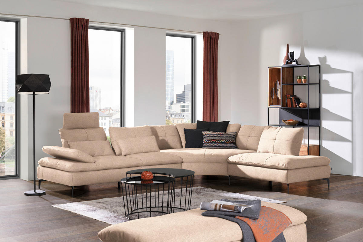 ECKSOFA in Flachgewebe Hellbraun  - Hellbraun/Schwarz, Design, Textil/Metall (344/271cm) - Chilliano
