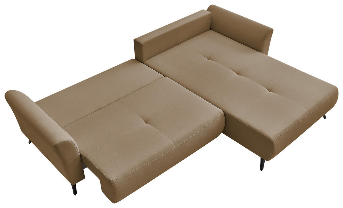 ECKSOFA GEMMA Hellbraun Flachgewebe Zierkissen, Rückenkissen, Bettkasten, Schlaffunktion, Rücken echt, Stauraum  - Hellbraun/Schwarz, Design, Textil/Metall (270cm) - P & B
